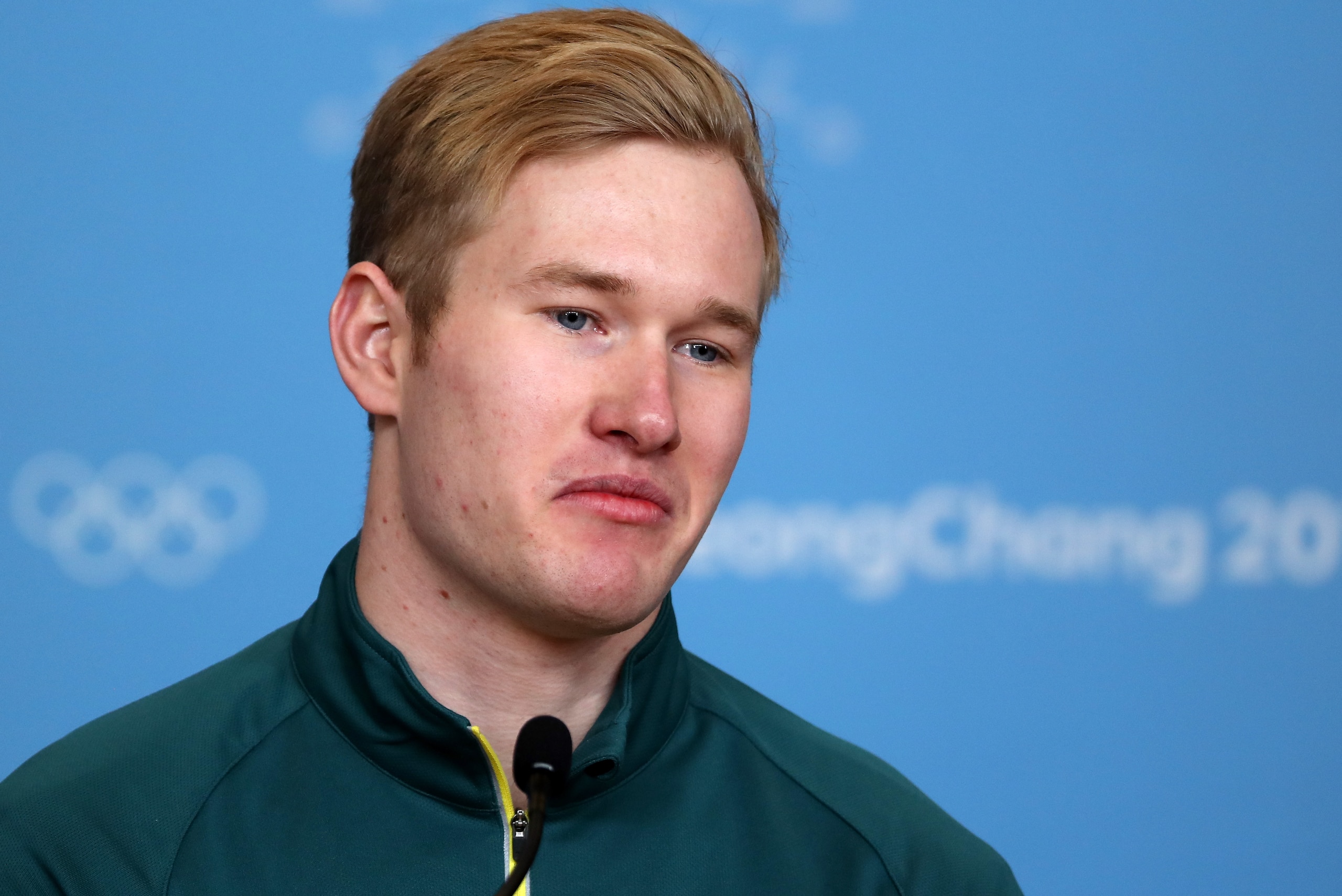 PYEONGCHANG-GUN, SOUTH KOREA - FEBRUARY 22:  Snowboard cross rider Jarryd Hughes of Australia speaks during a press conference day thirteen of the PyeongChang 2018 Winter Olympic Games at the Main Press Centre on February 22, 2018 in Pyeongchang-gun, Sout