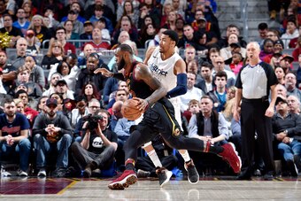 CLEVELAND, OH - FEBRUARY 22: LeBron James #23 of the Cleveland Cavaliers handles the ball during the game against the Washington Wizards on February 22, 2018 at Quicken Loans Arena in Cleveland, Ohio. NOTE TO USER: User expressly acknowledges and agrees t