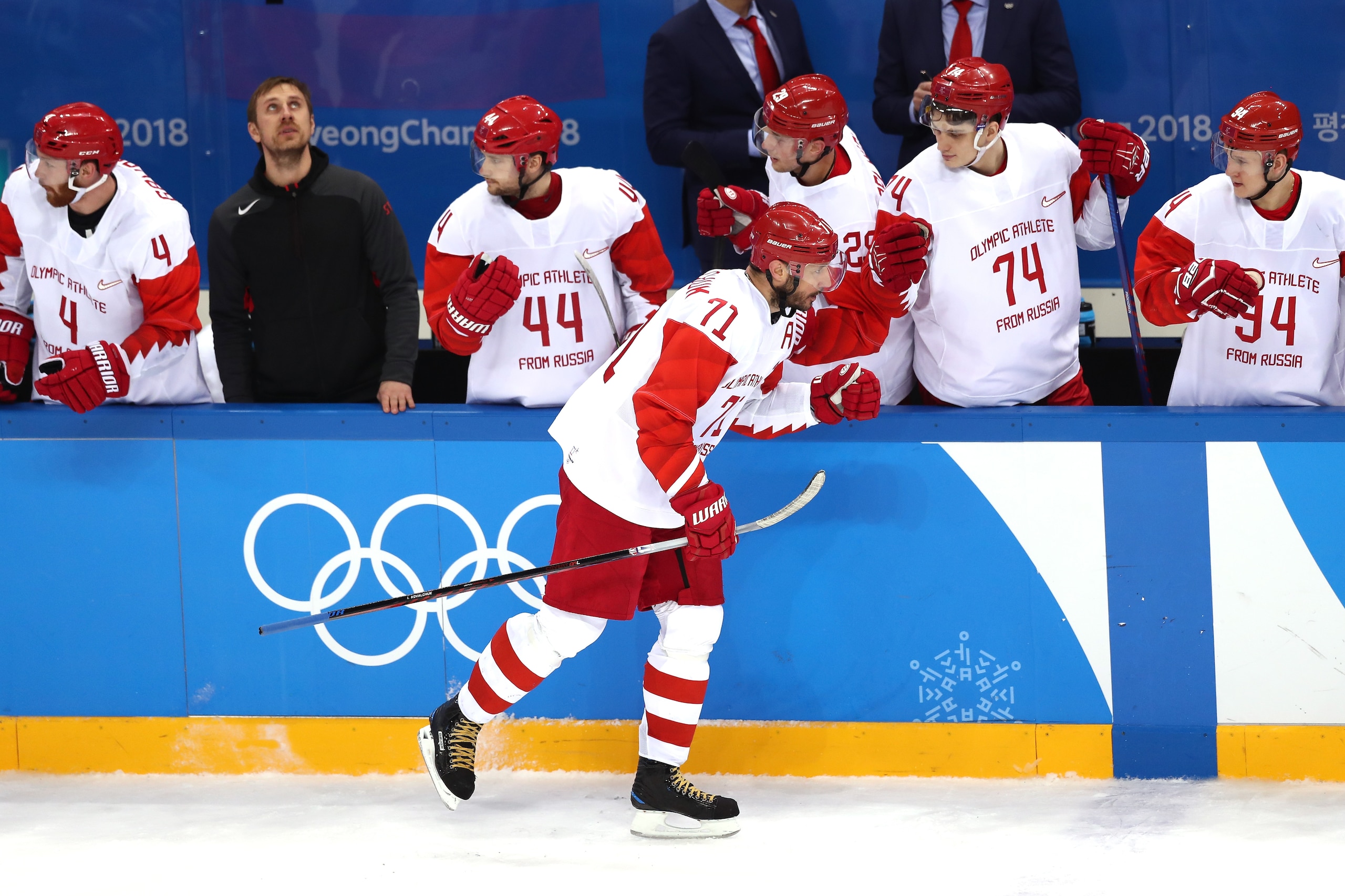 GANGNEUNG, SOUTH KOREA - FEBRUARY 23:  Ilya Kovalchuk #71 of Olympic Athlete from Russia celebrates with teammates after scoring an empty net goal in the third period against Czech Republic during the Men's Play-offs Semifinals on day fourteen of the Pyeo