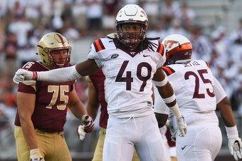 BLACKSBURG, VA - SEPTEMBER 17: Linebacker Tremaine Edmunds #49 of the Virginia Tech Hokies reacts following a defensive stop against the Boston College Eagles in the second half at Lane Stadium on September 17, 2016 in Blacksburg, Virginia. Virginia Tech 