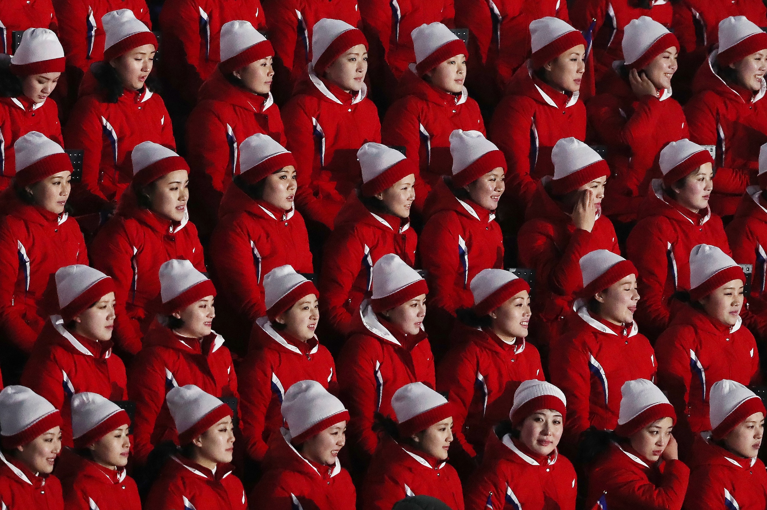PYEONGCHANG-GUN, SOUTH KOREA - FEBRUARY 09: North Korean cheer leaders are seen during the Opening Ceremony of the PyeongChang 2018 Winter Olympic Games at PyeongChang Olympic Stadium on February 9, 2018 in Pyeongchang-gun, South Korea. (Photo by Ian MacN