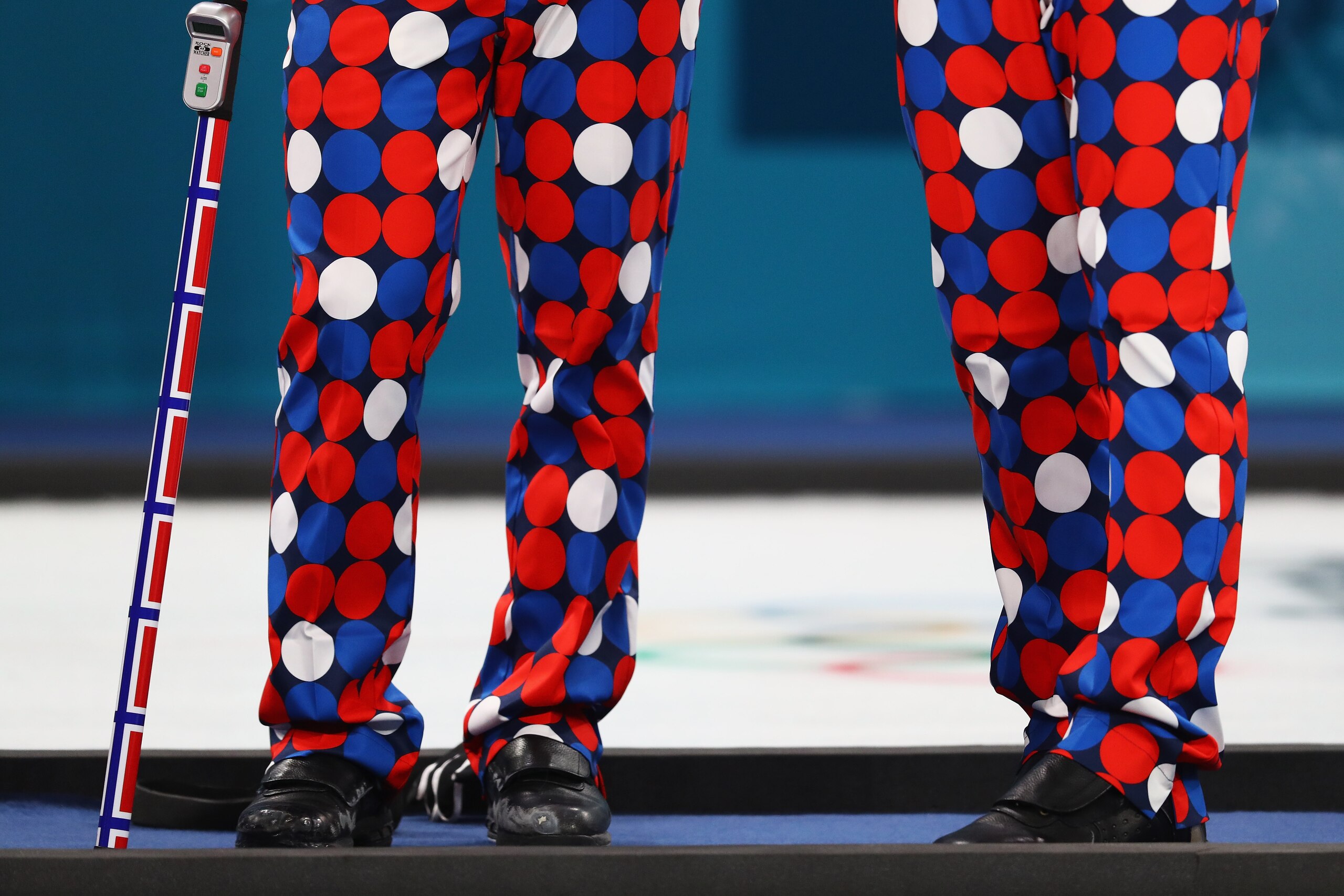 GANGNEUNG, SOUTH KOREA - FEBRUARY 16:  A detailed view of the pants or trousers worn by Havard Vad Petersson, Christoffer Svae, Thomas Ulsrud and Torger Nergard of Norway as they compete in the Curling Men's Round Robin Session 4  held at Gangneung Curlin
