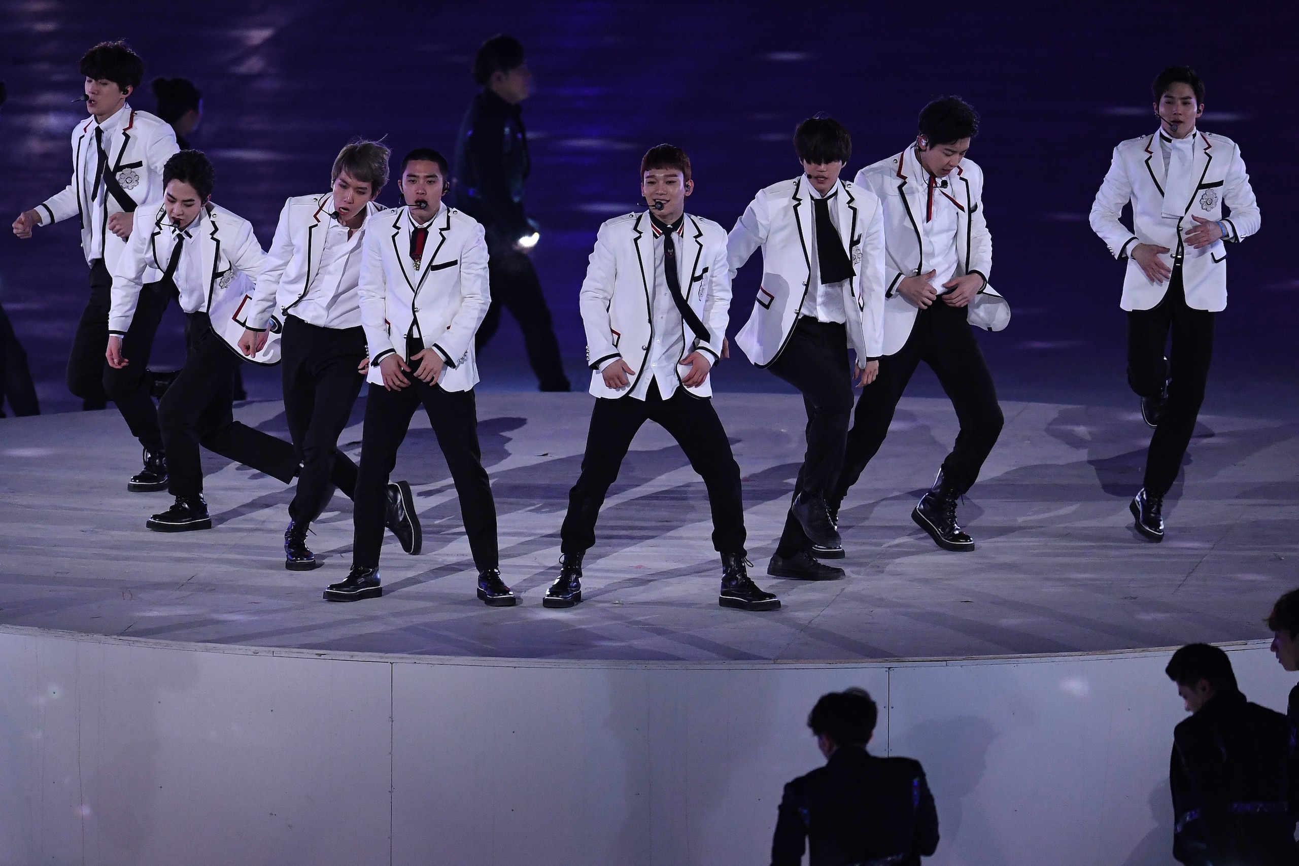 PYEONGCHANG-GUN, SOUTH KOREA - FEBRUARY 25:  Band EXO perform during the Closing Ceremony of the PyeongChang 2018 Winter Olympic Games at PyeongChang Olympic Stadium on February 25, 2018 in Pyeongchang-gun, South Korea.  (Photo by David Ramos/Getty Images