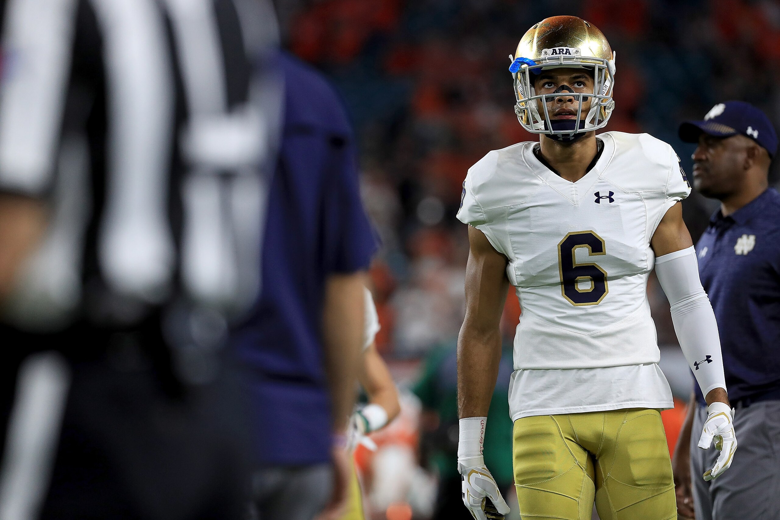 MIAMI GARDENS, FL - NOVEMBER 11:  Equanimeous St. Brown #6 of the Notre Dame Fighting Irish warms up during a game against the Miami Hurricanes at Hard Rock Stadium on November 11, 2017 in Miami Gardens, Florida.  (Photo by Mike Ehrmann/Getty Images)