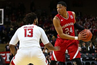 PISCATAWAY, NJ - JANUARY 24: James Palmer Jr. #24 of the Nebraska Cornhuskers in action against Matt Bullock #13 of the Rutgers Scarlet Knights during a game at Rutgers Athletic Center on January 24, 2018 in Piscataway, New Jersey. Nebraska defeated Rutge