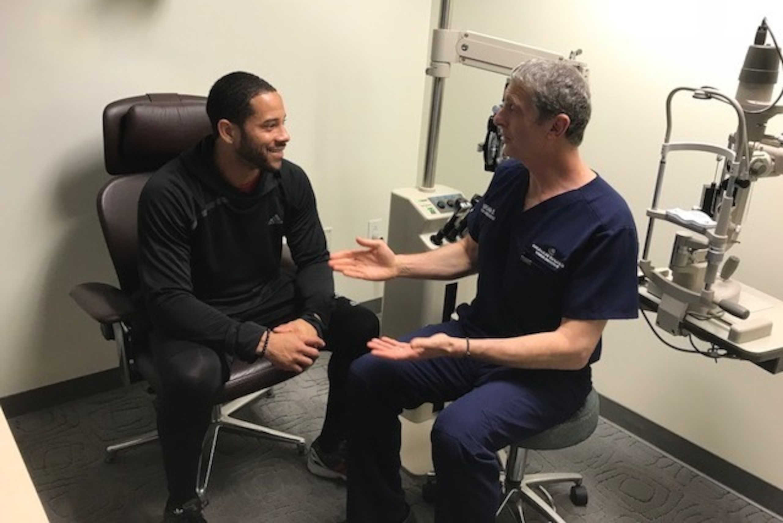 Tommy Pham with Dr. Brian Boxer Wachler, who performed the procedure that stabilized Pham's unique degenerative eye condition.
