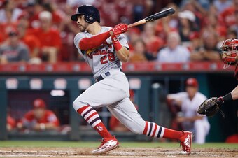 CINCINNATI, OH - SEPTEMBER 20: Tommy Pham #28 of the St. Louis Cardinals doubles to left field to drive in a run in the third inning of a game against the Cincinnati Reds at Great American Ball Park on September 20, 2017 in Cincinnati, Ohio. (Photo by Joe