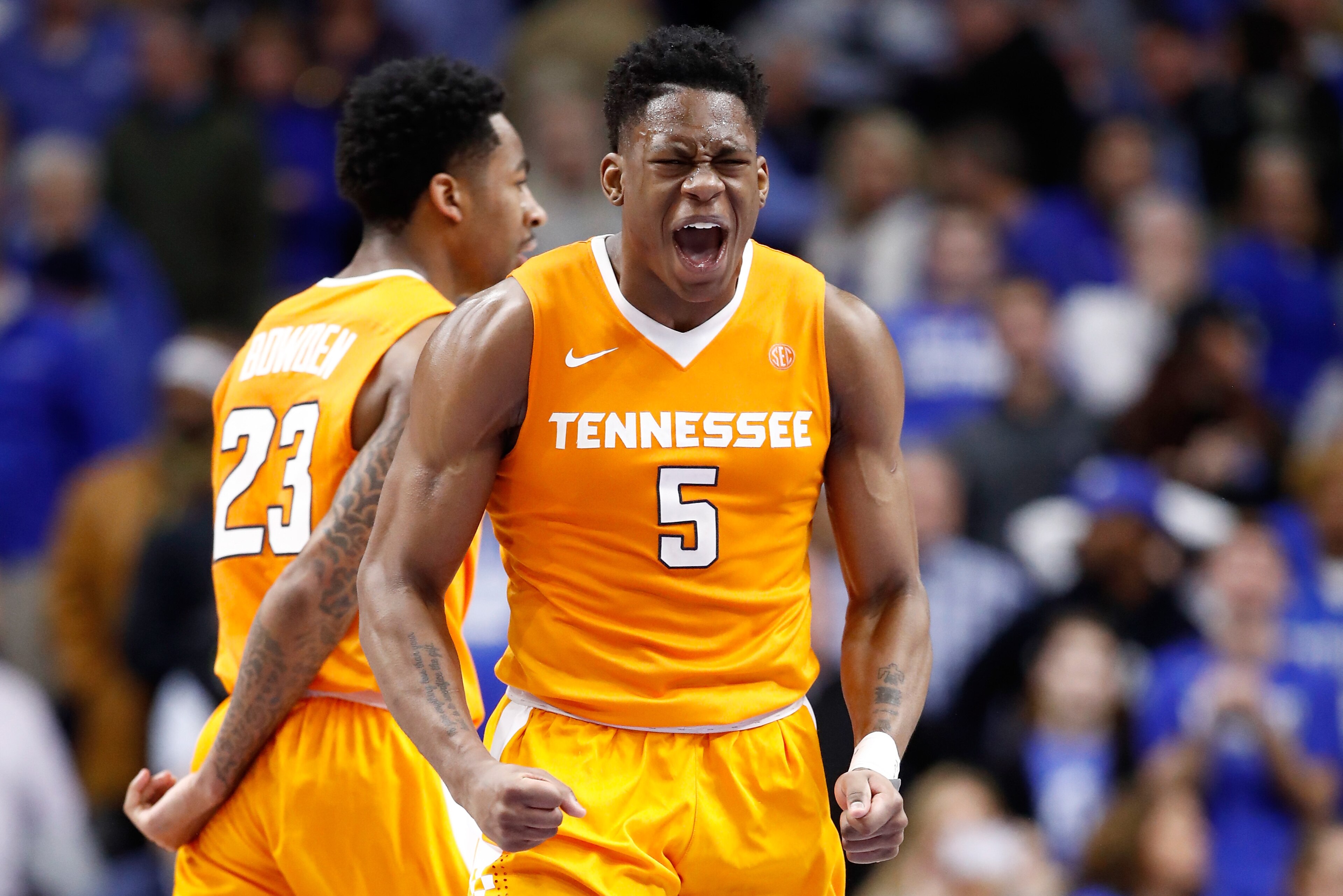 LEXINGTON, KY - FEBRUARY 06:  Admiral Schofield #5 of the Tennessee Volunteers celebrates during the 61-59 win against the Kentucky Wildcats in the game at Rupp Arena on February 6, 2018 in Lexington, Kentucky.  (Photo by Andy Lyons/Getty Images)