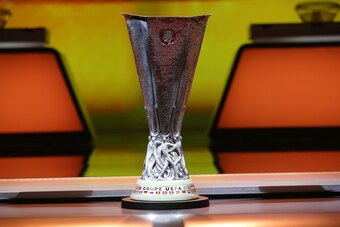 The UEFA Europa League Cup Trophy is displayed during the draw for the UEFA Europa League football group stage 2017/18, on August 25, 2017 in Monaco.  / AFP PHOTO / VALERY HACHE        (Photo credit should read VALERY HACHE/AFP/Getty Images)