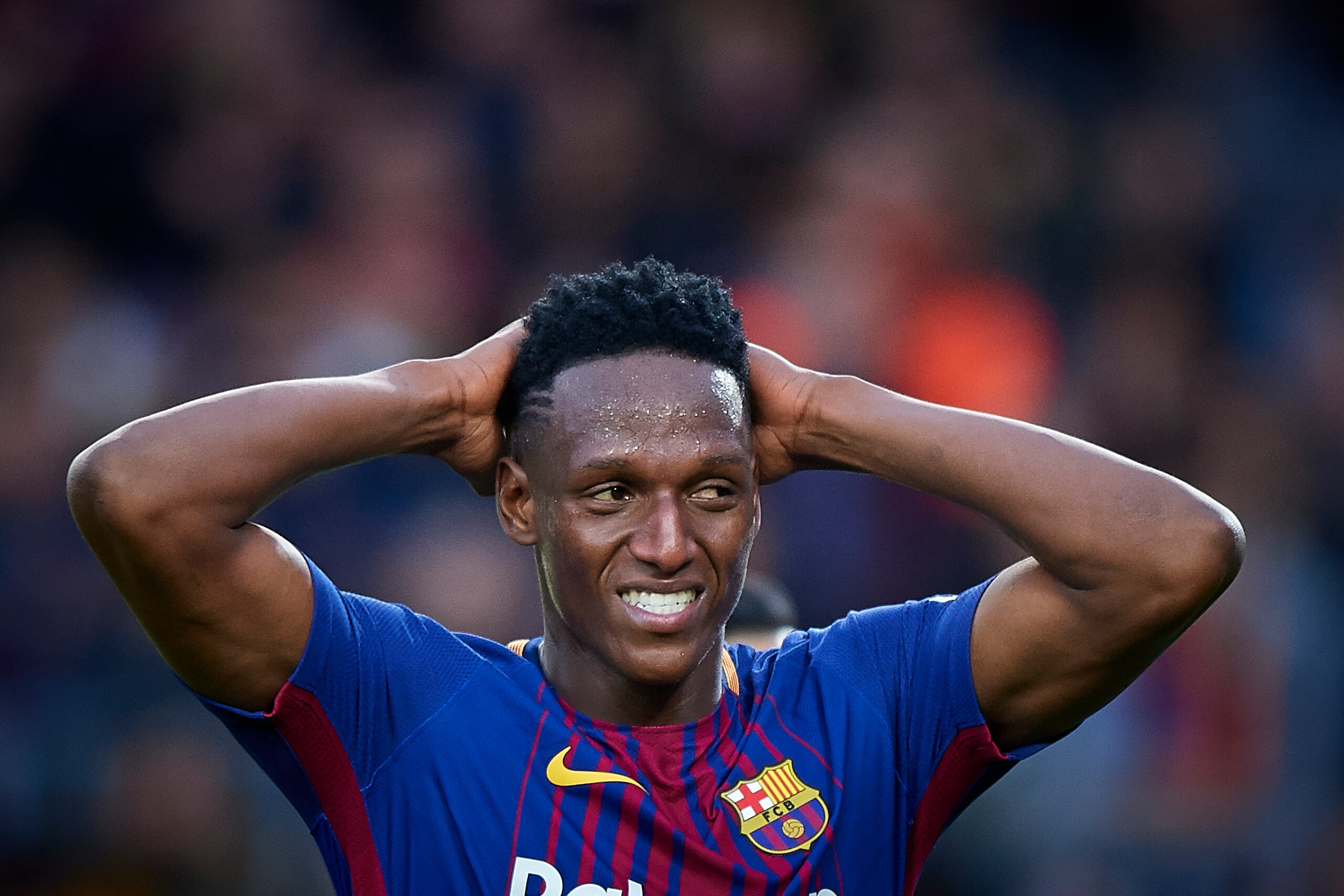 BARCELONA, SPAIN - FEBRUARY 11:  Yerry Mina of Barcelona reacts during the La Liga match between Barcelona and Getafe at Camp Nou on February 11, 2018 in Barcelona, Spain.  (Photo by Quality Sport Images/Getty Images)