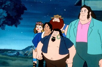 Hillbilly Jim appears in cartoon form alongside Andre the Giant and Capt. Lou Albano.