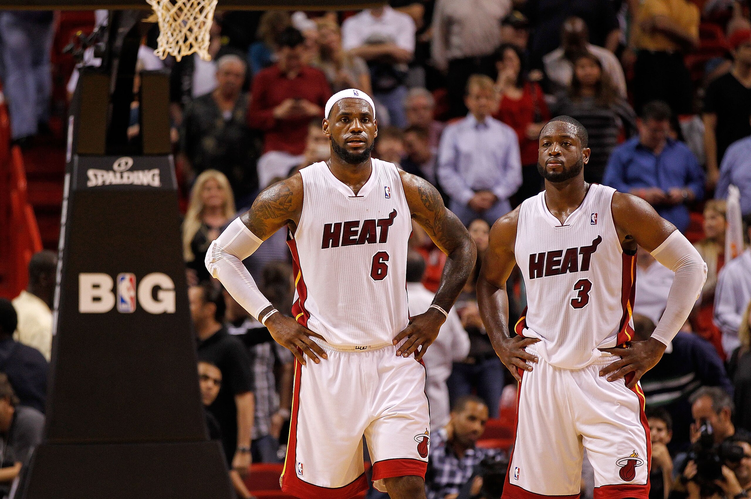 MIAMI, FL - DECEMBER 27:  LeBron James #6 and Dwyane Wade #3 of the Miami Heat look on during a game against the Boston Celtics at American Airlines Arena on December 27, 2011 in Miami, Florida. NOTE TO USER: User expressly acknowledges and agrees that, b