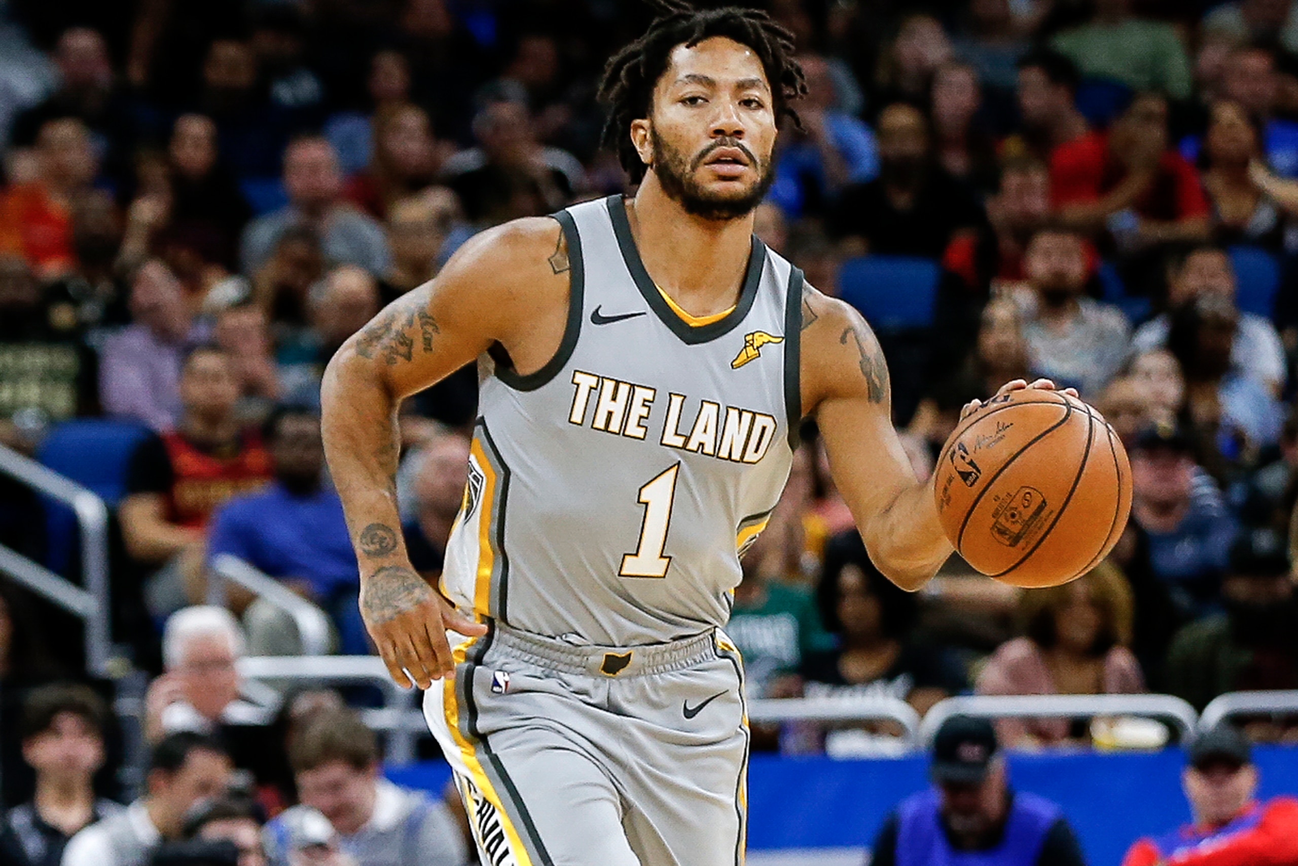 ORLANDO, FL - FEBRUARY 6: Derrick Rose #1 of the Cleveland Cavaliers brings the ball up court during the game against the Orlando Magic at the Amway Center on February 6, 2018 in Orlando, Florida. The Magic defeated the Cavaliers 116 to 98. NOTE TO USER: 