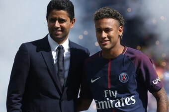 PARIS, FRANCE - AUGUST 5: Neymar Jr of PSG is presented by President of PSG Nasser Al-Khelaifi to the supporters before the French Ligue 1 match between Paris Saint Germain (PSG) and Amiens SC at Parc des Princes on August 5, 2017 in Paris, . (Photo by Je