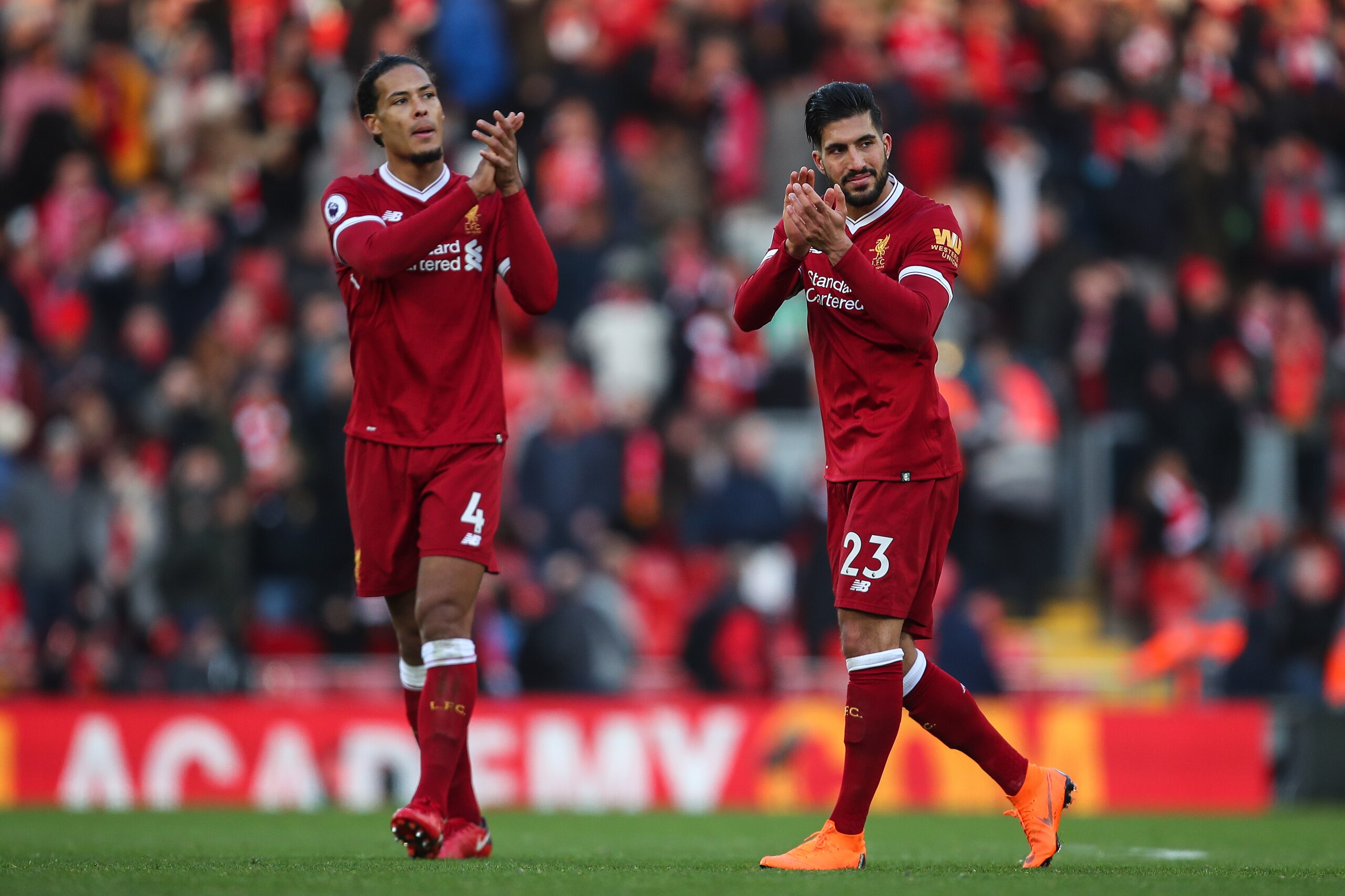 LIVERPOOL, ENGLAND - FEBRUARY 24: Virgil van Dijk of Liverpool and Emre Can of Liverpool applaud the fans during the Premier League match between Liverpool and West Ham United at Anfield on February 24, 2018 in Liverpool, England. (Photo by Robbie Jay Bar LIVERPOOL, ENGLAND - FEBRUARY 24: Virgil van Dijk of Liverpool and Emre Can of Liverpool applaud the fans during the Premier League match between Liverpool and West Ham United at Anfield on February 24, 2018 in Liverpool, England. (Photo by Robbie Jay Bar