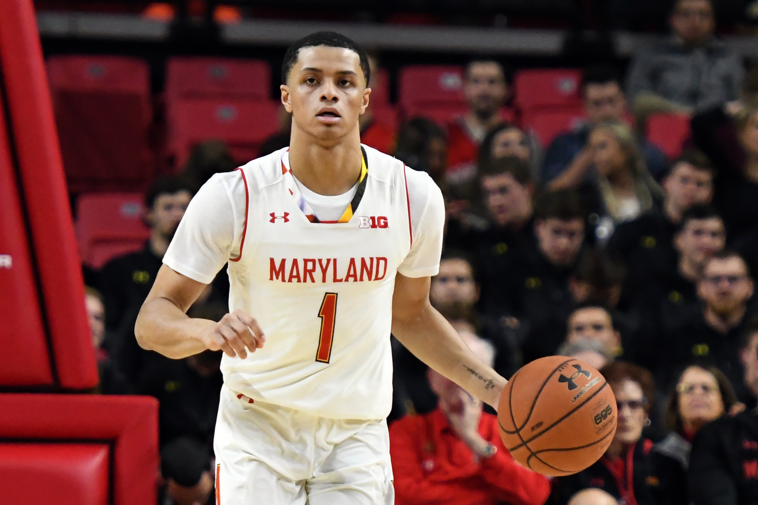 COLLEGE PARK, MD - JANUARY 18: Anthony Cowan #1 of the Maryland Terrapins dribbles the ball up court during a college basketball game against the Minnesota Golden Gophers at XFinity Center on January 18, 2018 in College Park, Maryland. The Terrapins won COLLEGE PARK, MD - JANUARY 18: Anthony Cowan #1 of the Maryland Terrapins dribbles the ball up court during a college basketball game against the Minnesota Golden Gophers at XFinity Center on January 18, 2018 in College Park, Maryland. The Terrapins won