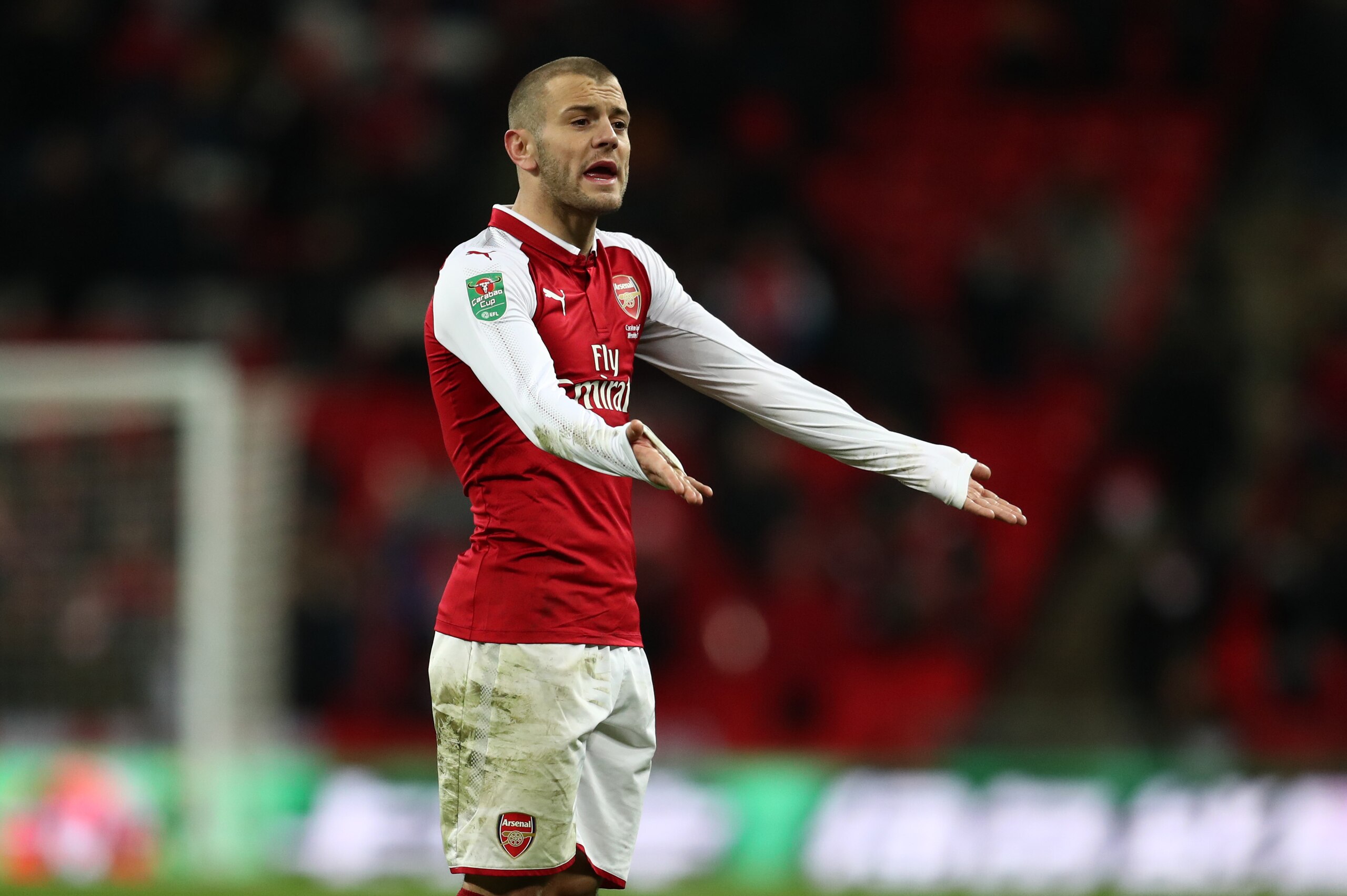 LONDON, ENGLAND - FEBRUARY 25: Jack Wilshere of Arsenal reacts during the Carabao Cup Final between Arsenal and Manchester City at Wembley Stadium on February 25, 2018 in London, England. (Photo by Catherine Ivill/Getty Images)