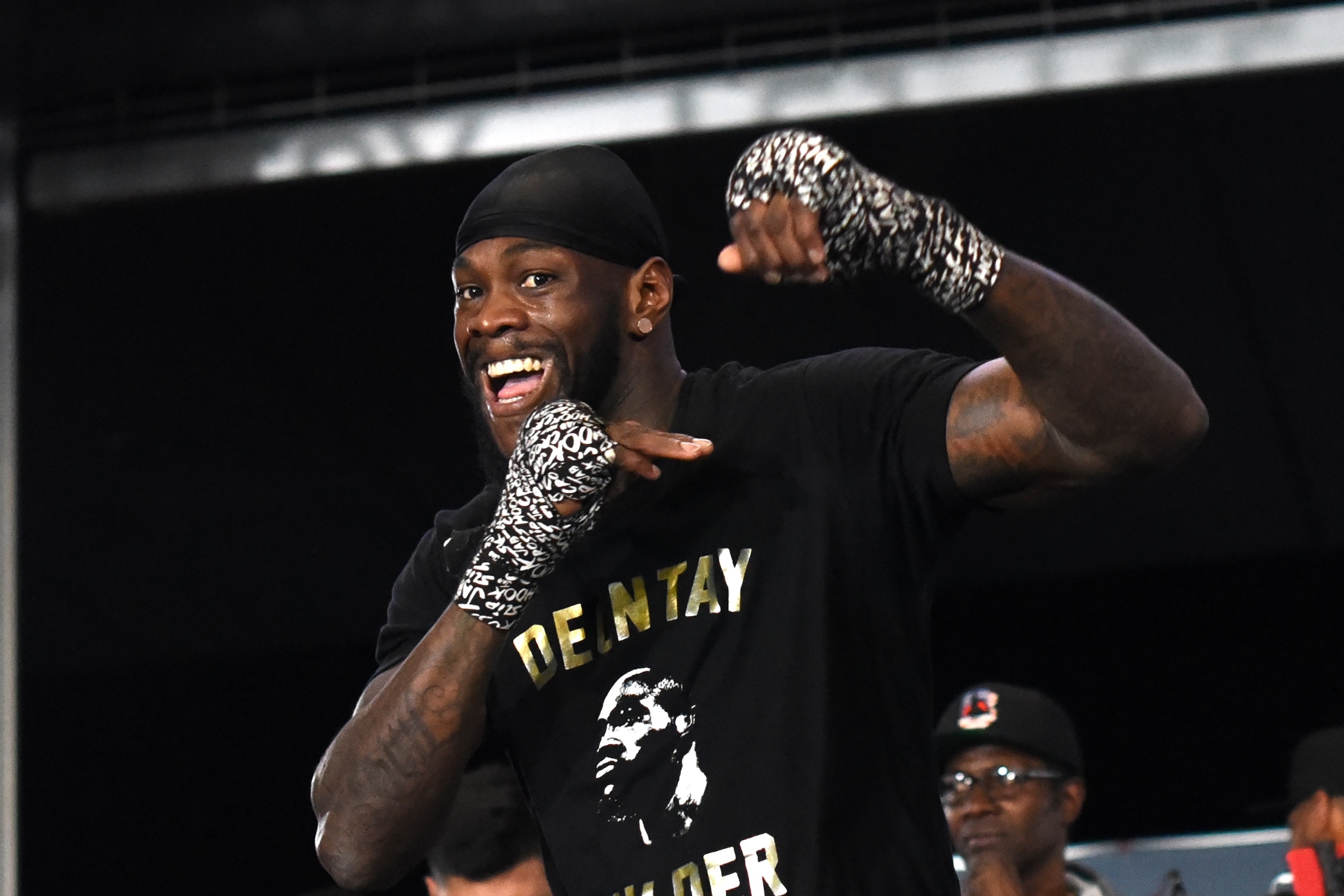 Undefeated heavyweight  champion Deontay Wilder throws punches during a media workout on February 28, 2018 at the Barclays Center Atrium before his upcoming fight on March 3 against unbeaten contender Luis Ortiz . / AFP PHOTO / TIMOTHY A. CLARY        (Ph