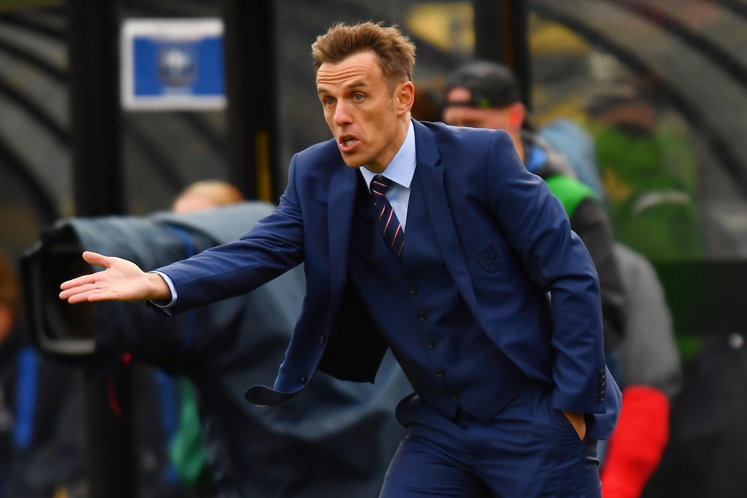 COLUMBUS, OH - MARCH 1:  Manager Phil Neville of England sends instructions to his team in the first half against France on March 1, 2018 at MAPFRE Stadium in Columbus, Ohio.  (Photo by Jamie Sabau/Getty Images)