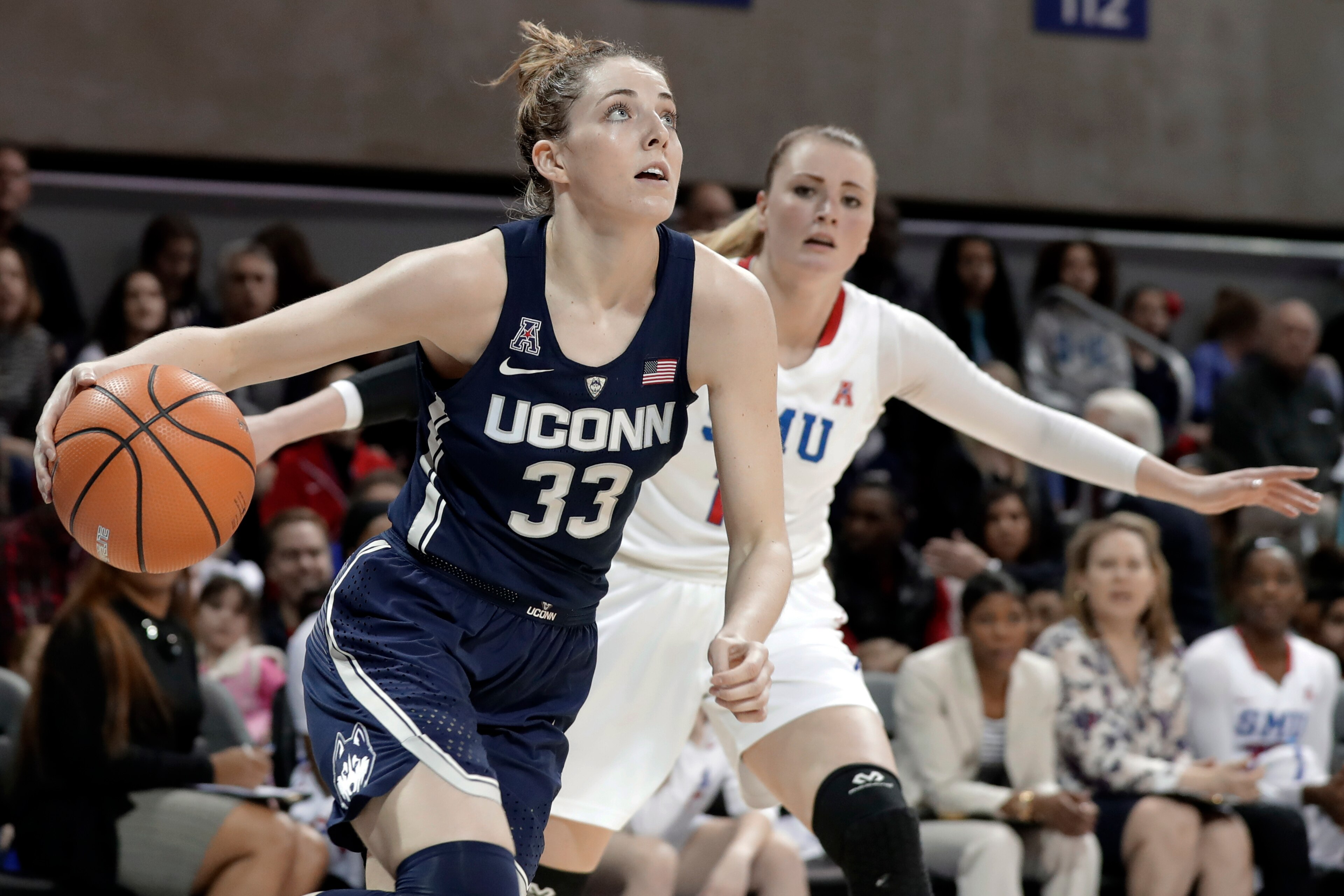 Junior Katie Lou Samuelson leads the undefeated Huskies in scoring (18.3 points per game) and three-point shooting (49 percent) this season.