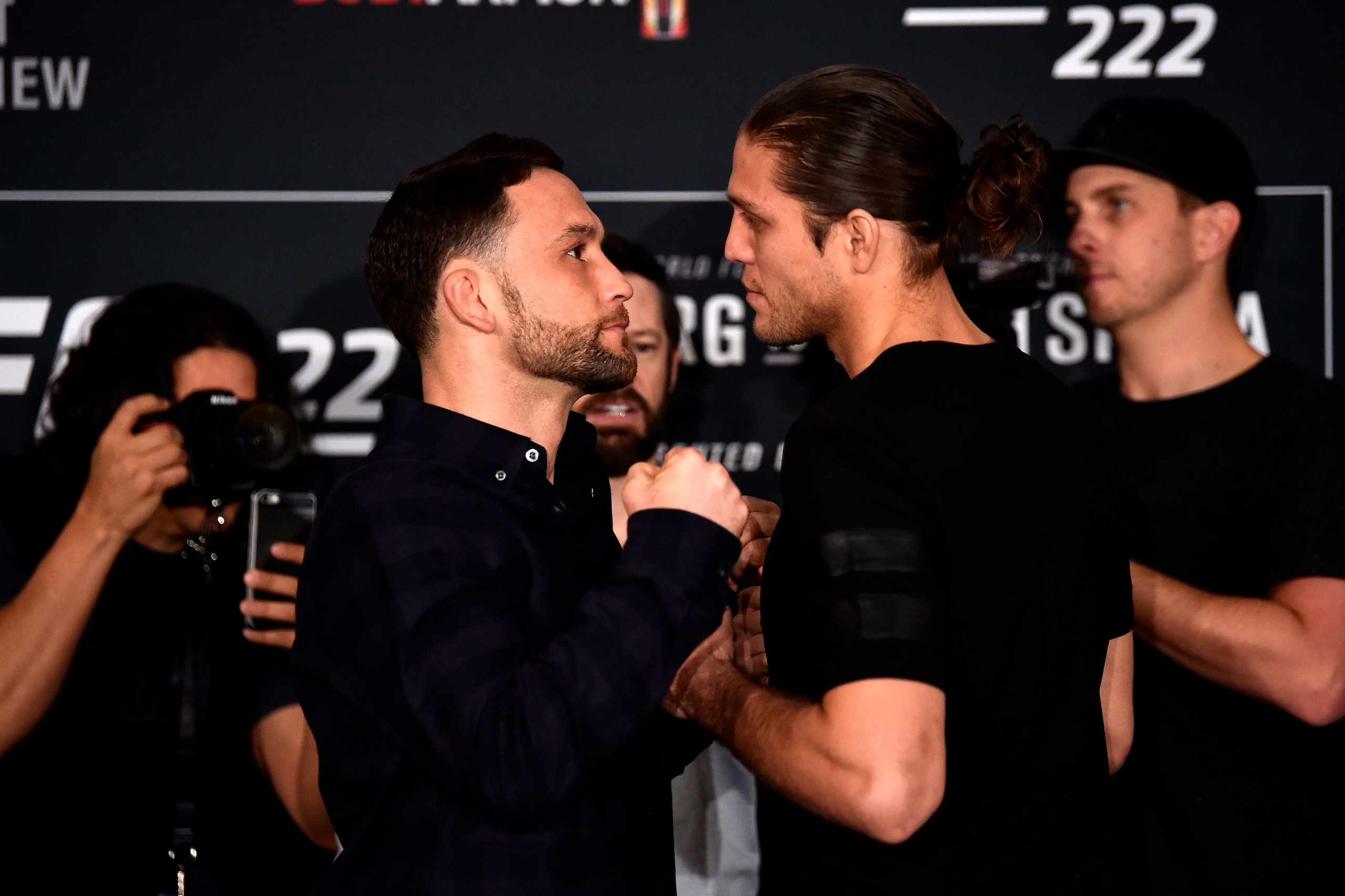 LAS VEGAS, NV - MARCH 01:  Opponents Frankie Edgar (L) and Brian Ortega face off during the UFC 222 Ultimate Media Day at MGM Grand Hotel & Casino on March 1, 2018 in Las Vegas, Nevada. (Photo by Jeff Bottari/Zuffa LLC/Zuffa LLC via Getty Images)