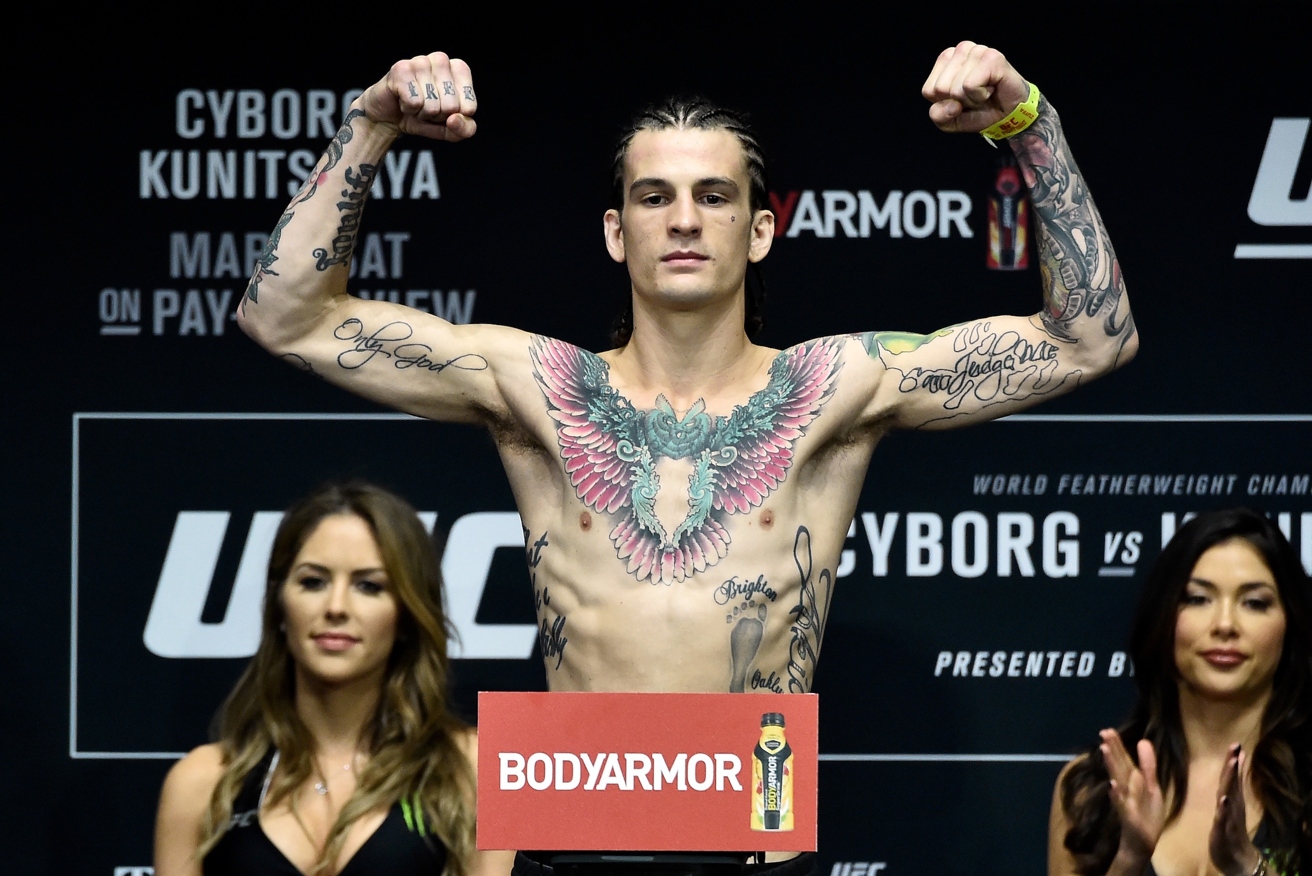 LAS VEGAS, NV - MARCH 02: Sean O'Malley poses on the scale during a UFC 222 weigh-in on March 2, 2018 in Las Vegas, Nevada. (Photo by Jeff Bottari/Zuffa LLC/Zuffa LLC via Getty Images) LAS VEGAS, NV - MARCH 02: Sean O'Malley poses on the scale during a UFC 222 weigh-in on March 2, 2018 in Las Vegas, Nevada. (Photo by Jeff Bottari/Zuffa LLC/Zuffa LLC via Getty Images)