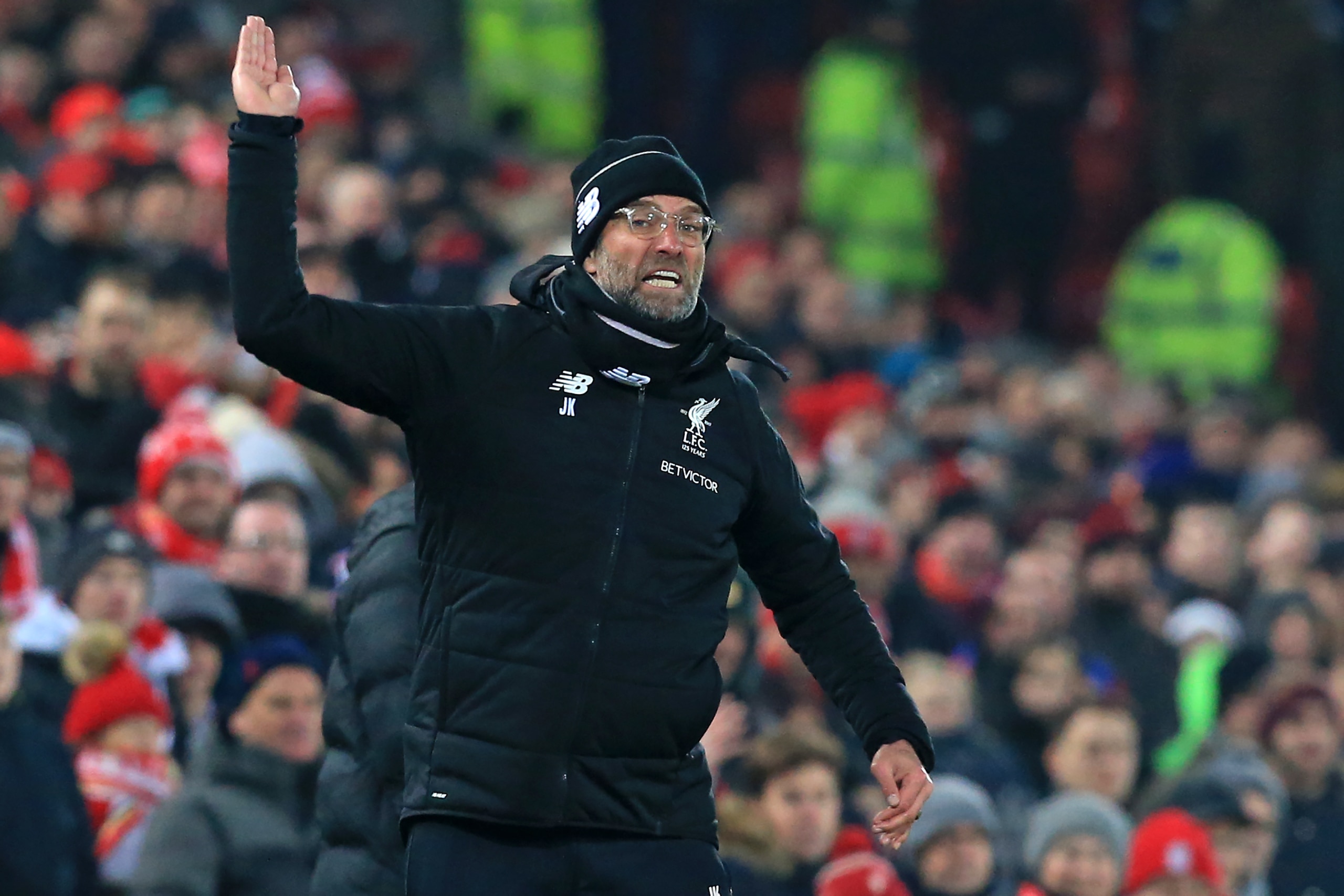 Liverpool's German manager Jurgen Klopp gestures on the touchline during the English Premier League football match between Liverpool and Newcastle at Anfield in Liverpool, north west England on March 3, 2018.
Liverpool won the game 2-0. / AFP PHOTO / Lind