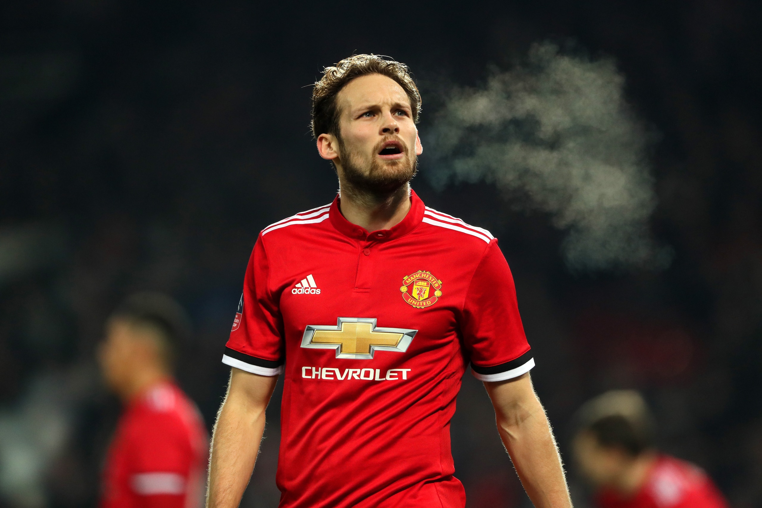 MANCHESTER, ENGLAND - JANUARY 05: Daley Blind of Manchester United looks on during the Emirates FA Cup Third Round match between Manchester United and Derby County at Old Trafford on January 5, 2018 in Manchester, England.  (Photo by Matthew Ashton - AMA/