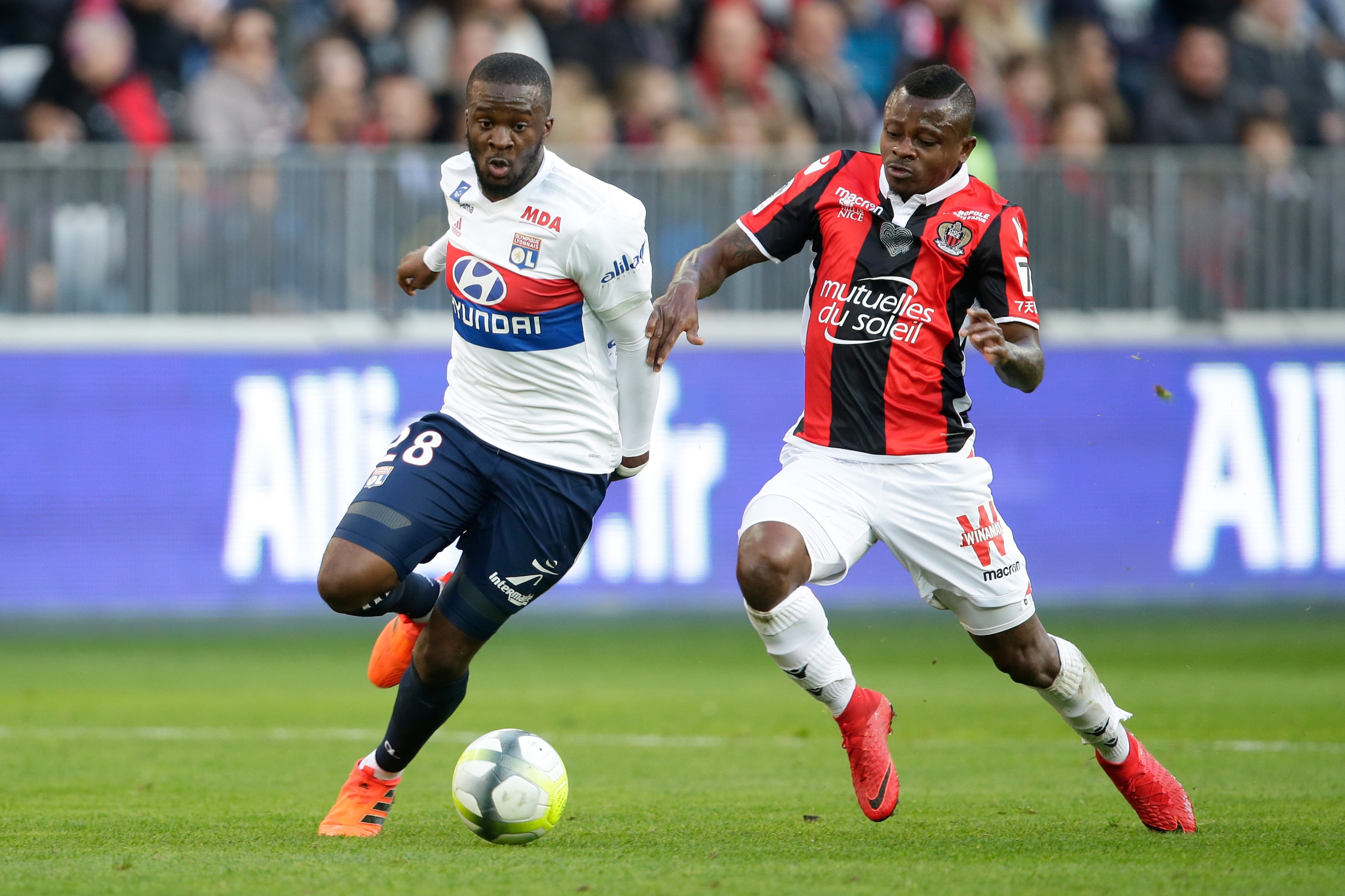 NICE, FRANCE - NOVEMBER 26: (L-R) Tanguy Ndombele Alvaro of Olympique Lyon, Jean Michael Seri of Nice during the French League 1  match between Nice v Olympique Lyon at the Allianz Riviera on November 26, 2017 in Nice France (Photo by Eric Verhoeven/Soccr