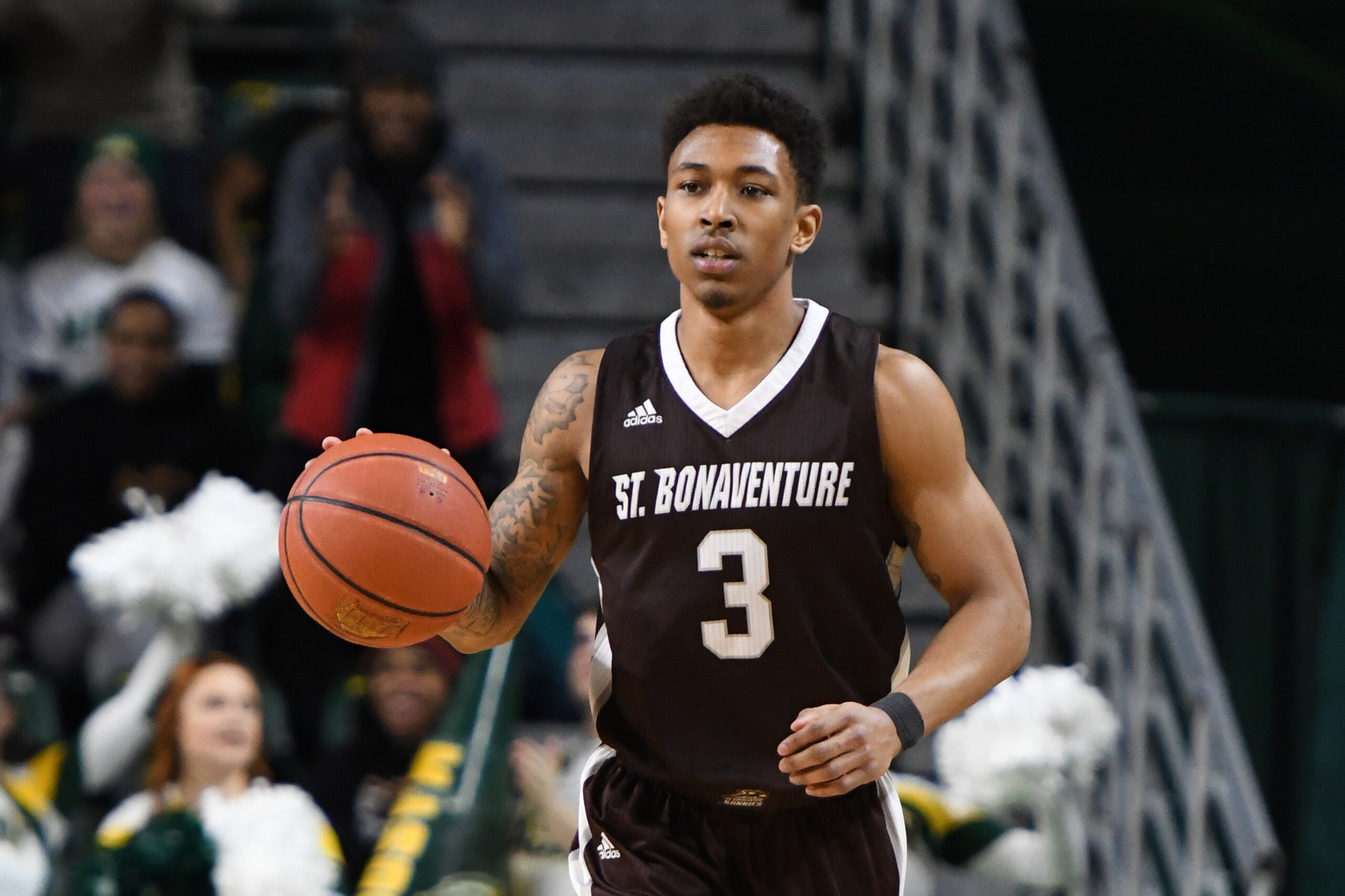FAIRFAX, VA- JANUARY 31:  Jaylen Adams #3 of the St. Bonaventure Bonnies dribbles up court during a college basketball game against the George Mason Patriots at Eagle Bank Arena on January 31, 2018 in Fairfax, Virginia.  (Photo by Mitchell Layton/Getty Im