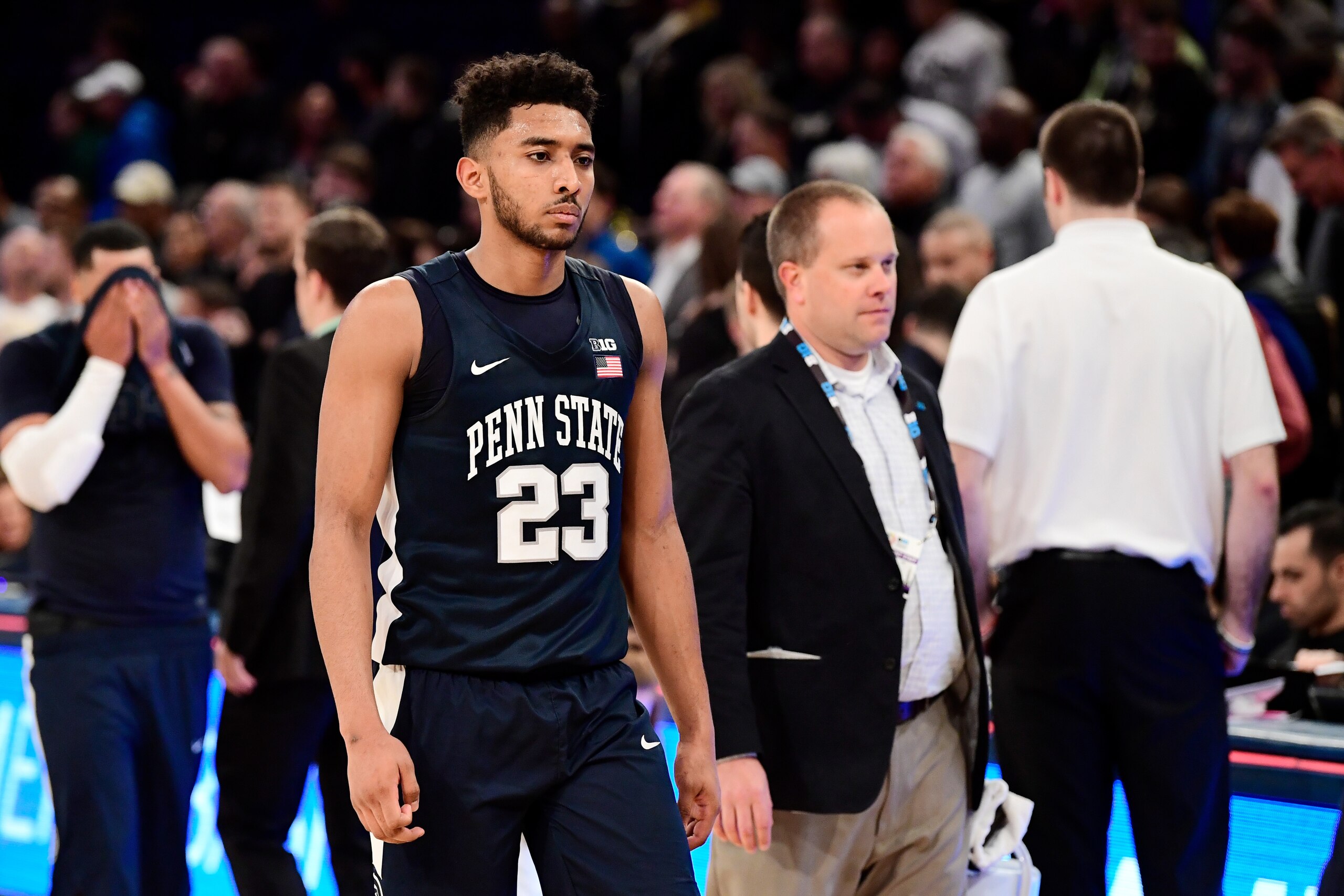 NEW YORK, NY - MARCH 03: Josh Reaves #23 of the Penn State Nittany Lions walks off the court after his teams loss to the Purdue Boilermakers during the semifinals of the Big Ten Basketball Tournament at Madison Square Garden on March 3, 2018 in New York C