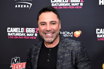 LOS ANGELES, CA - FEBRUARY 27: Oscar De La Hoya, promoter of Canelo Alvarez, poses during a news conference at Microsoft Theater at L.A. Live to announce the upcoming rematch against Gennady Golovkin on February 27, 2018 in Los Angeles, California. (Photo
