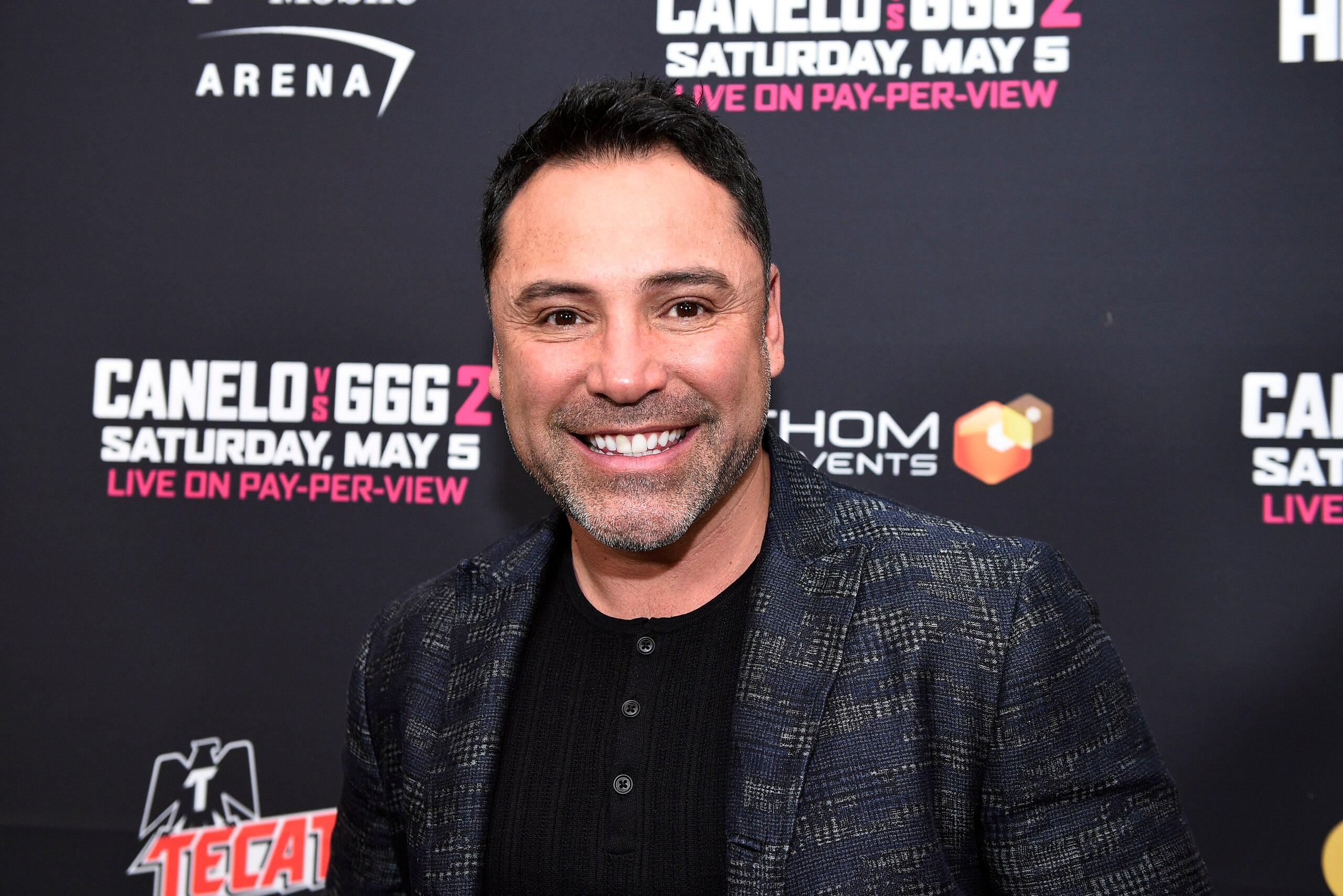 LOS ANGELES, CA - FEBRUARY 27: Oscar De La Hoya, promoter of Canelo Alvarez, poses during a news conference at Microsoft Theater at L.A. Live to announce the upcoming rematch against Gennady Golovkin on February 27, 2018 in Los Angeles, California. (Photo