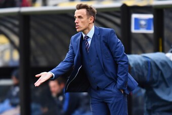 COLUMBUS, OH - MARCH 1:  Manager Phil Neville of England watches his team play against France on March 1, 2018 at MAPFRE Stadium in Columbus, Ohio. England defeated France 4-1.  (Photo by Jamie Sabau/Getty Images)