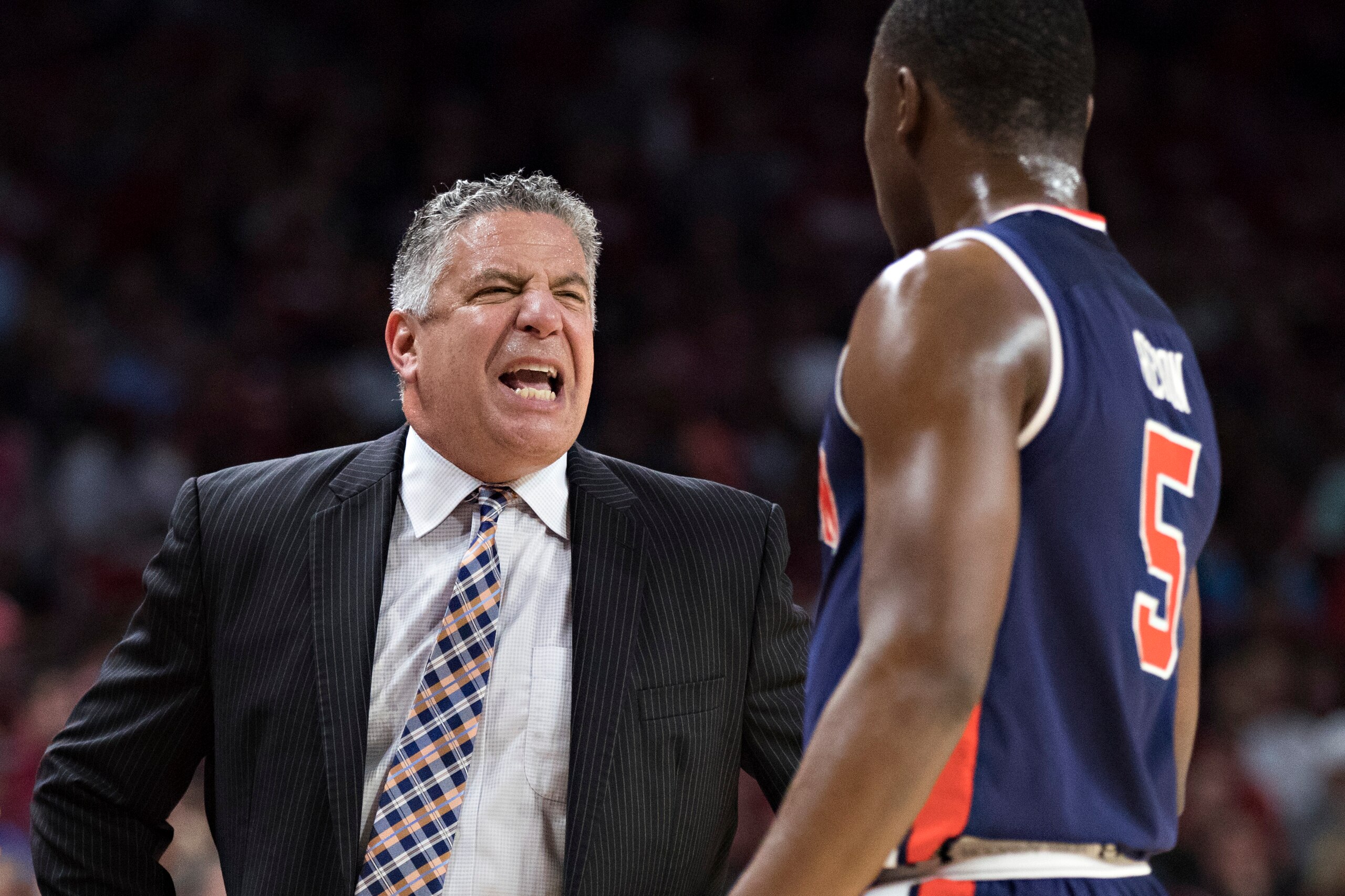 FAYETTEVILLE, AR - FEBRUARY 27:  Head Coach Bruce Pearl yells at Mustapha Heron #5 of the Auburn Tigers during a game against the Arkansas Razorbacks at Bud Walton Arena on February 27, 2018 in Fayetteville, Arkansas.  (Photo by Wesley Hitt/Getty Images)