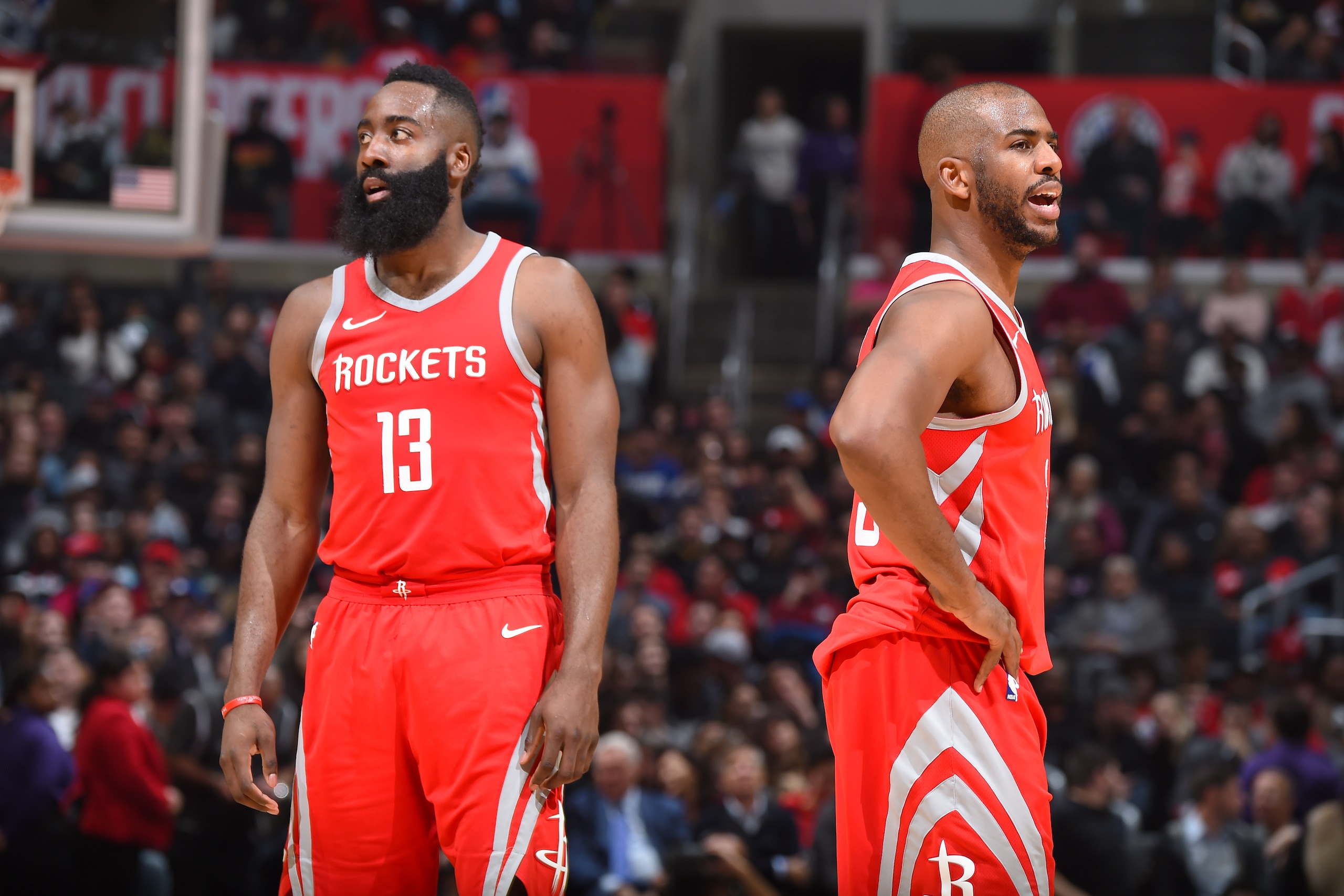 LOS ANGELES, CA - FEBRUARY 28: James Harden #13 and Chris Paul #3 of the Houston Rockets looks on during the game against the LA Clippers on February 28, 2018 at STAPLES Center in Los Angeles, California. NOTE TO USER: User expressly acknowledges and agre