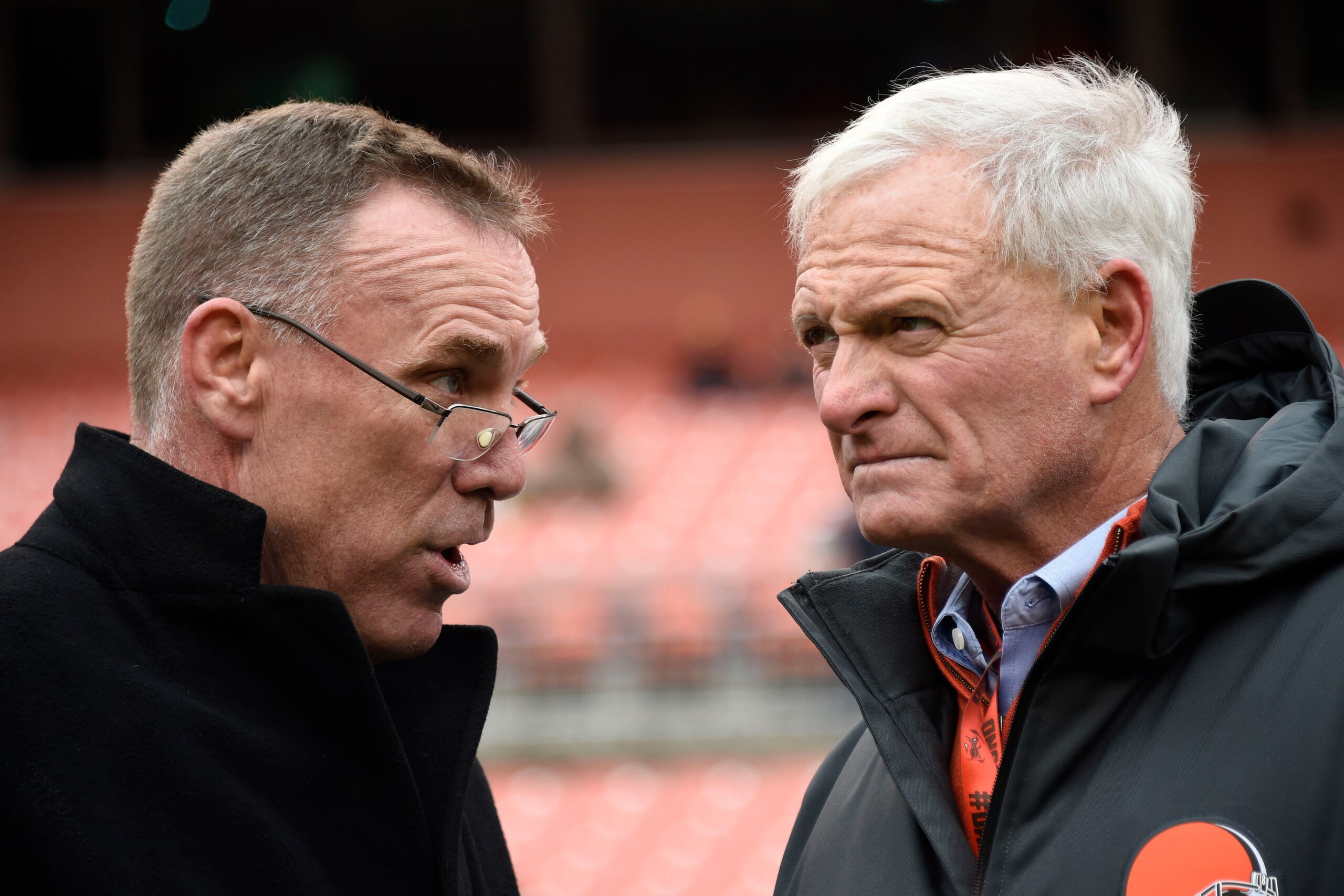 CLEVELAND, OH - DECEMBER 10: New General Manager John Dorsey (L) and owner Jimmy Haslam talk before the game against the Green Bay Packers at FirstEnergy Stadium on December 10, 2017 in Cleveland, Ohio. (Photo by Jason Miller/Getty Images)