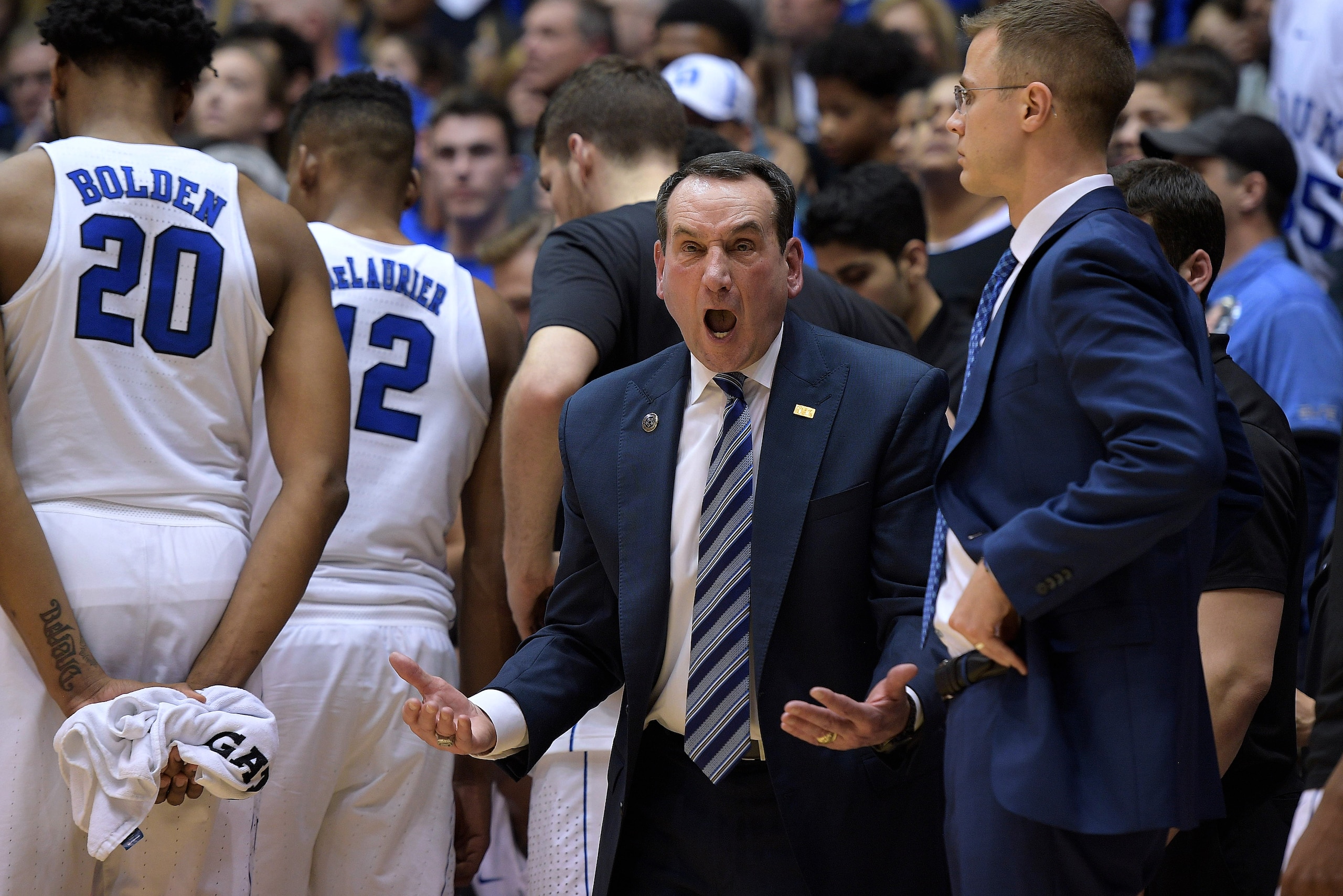 DURHAM, NC - MARCH 03: Head coach Mike Krzyzewski (C) of the Duke Blue Devils reacts following a call during their game against the North Carolina Tar Heels at Cameron Indoor Stadium on March 3, 2018 in Durham, North Carolina. Duke won 74-64. (Photo by La