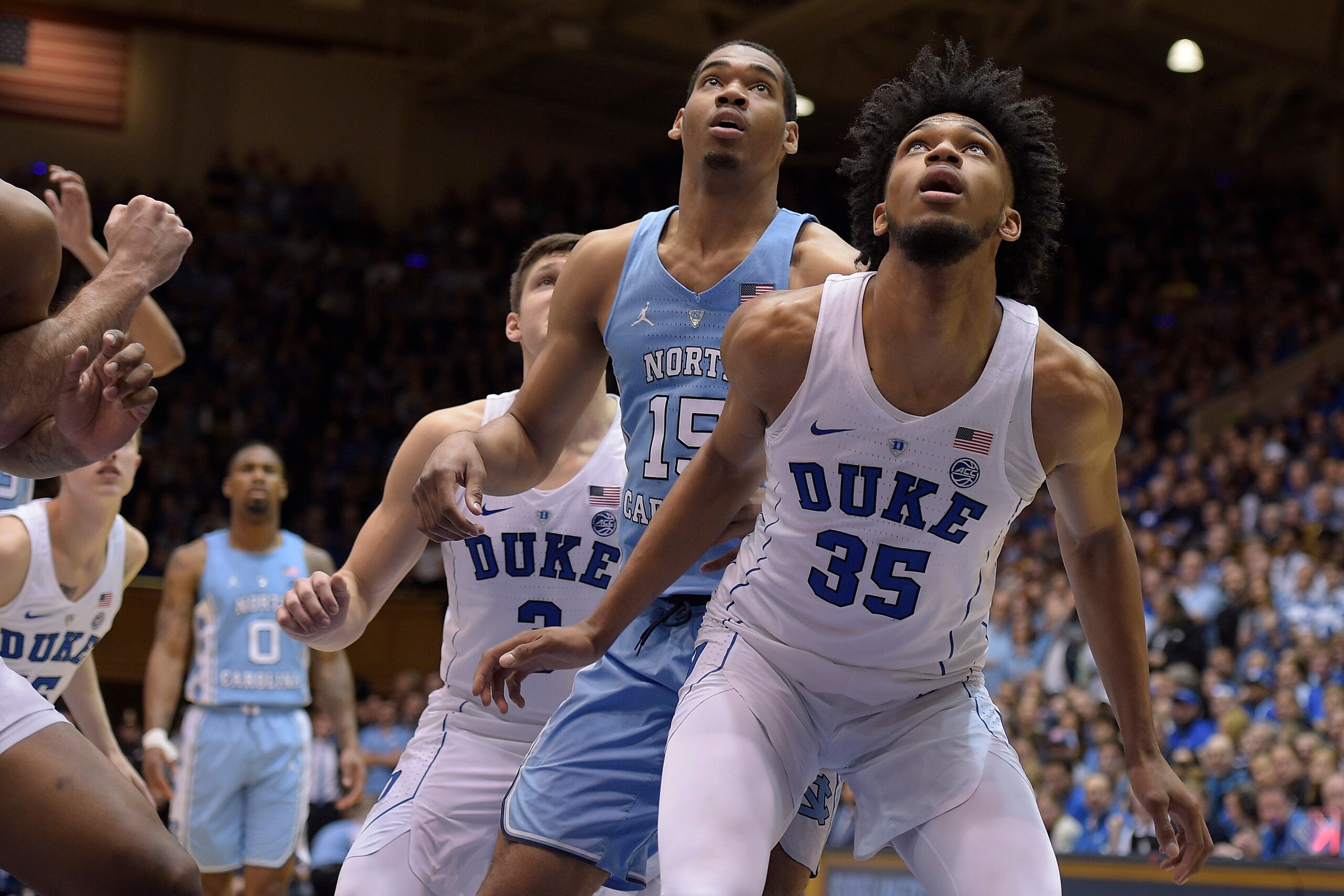 DURHAM, NC - MARCH 03: Marvin Bagley III #35 of the Duke Blue Devils boxes out against Garrison Brooks #15 of the North Carolina Tar Heels at Cameron Indoor Stadium on March 3, 2018 in Durham, North Carolina. (Photo by Lance King/Getty Images)