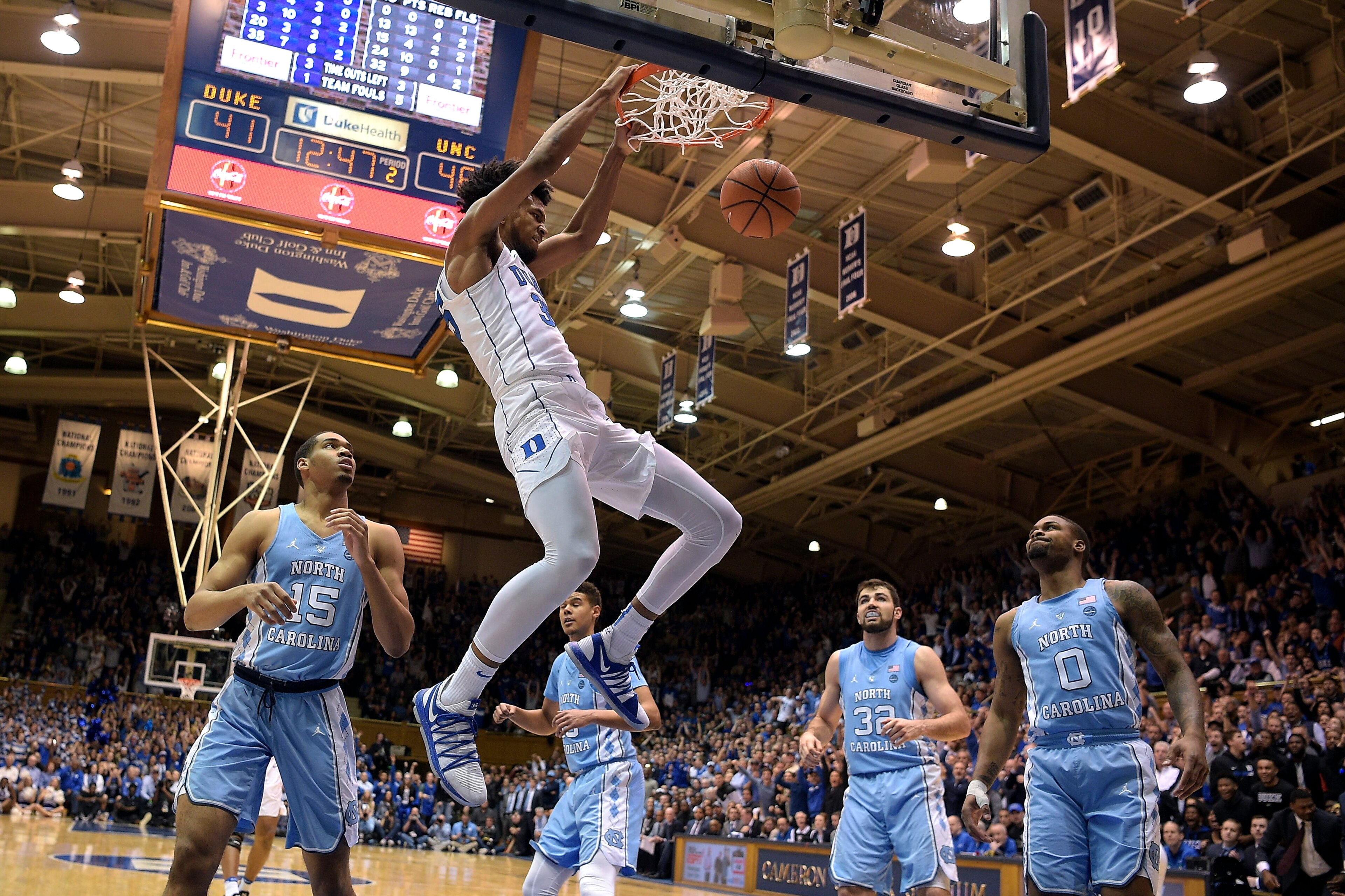 DURHAM, NC - MARCH 03: Marvin Bagley III #35 of the Duke Blue Devils dunks the ball against the North Carolina Tar Heels at Cameron Indoor Stadium on March 3, 2018 in Durham, North Carolina. Duke won 74-64. (Photo by Lance King/Getty Images)