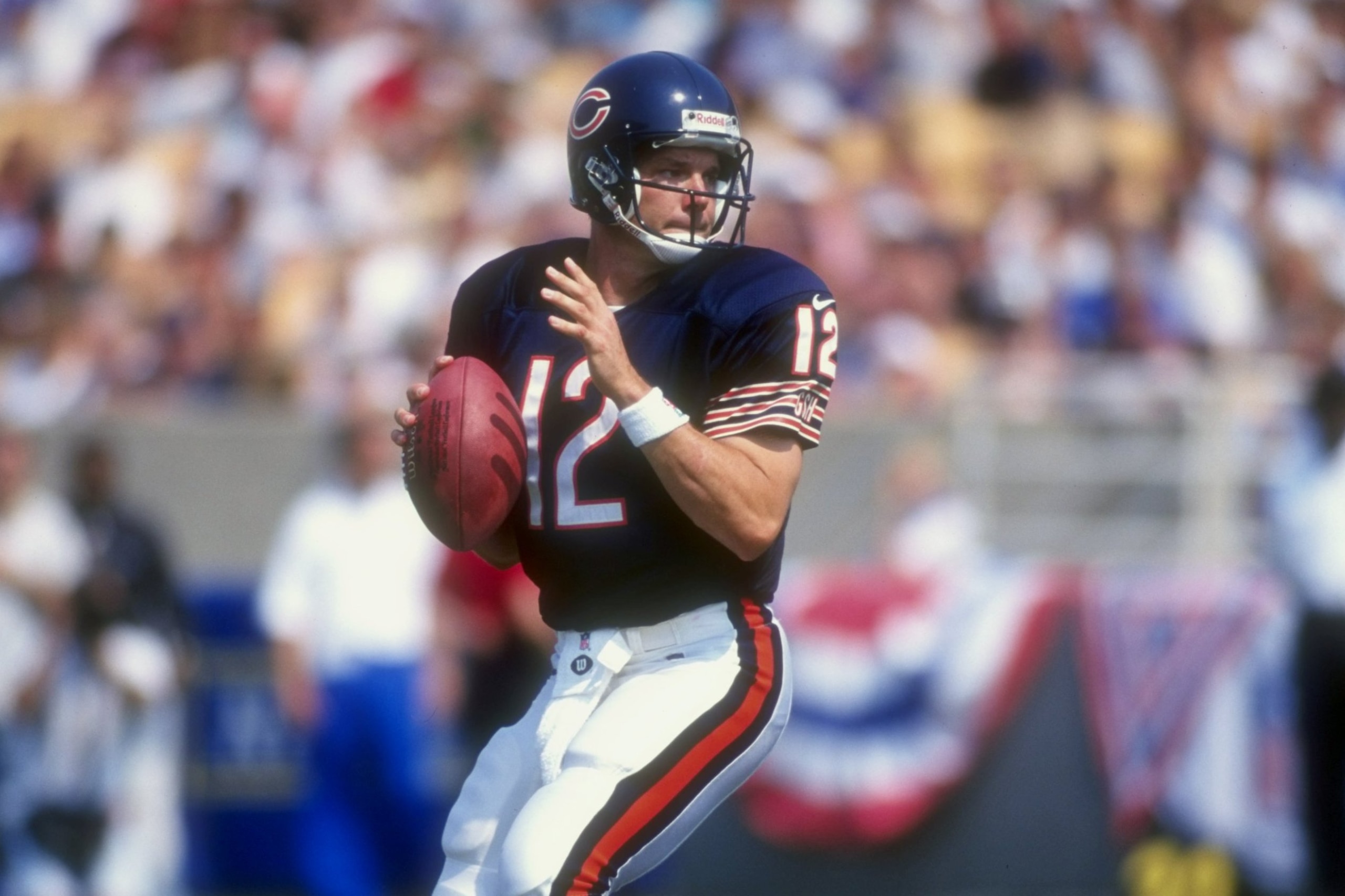 6 Sep 1998:  Quarterback Erik Kramer #12 of the Chicago Bears in action during the game against the Jacksonville Jaguars at Soldier Field in Chicago, Illinois. The Jaguars defeated the Bears 24-23. Mandatory Credit: Jonathan Daniel  /Allsport