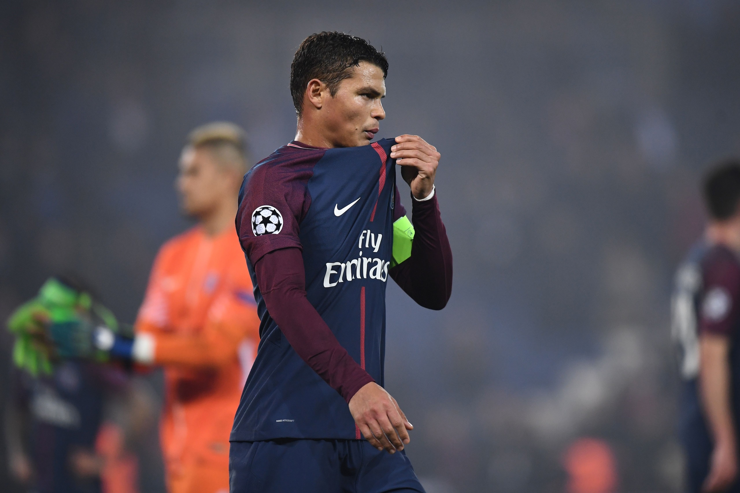 Paris Saint-Germain's Brazilian defender Thiago Silva reacts after losing  the UEFA Champions League round of 16 second leg football match between Paris Saint-Germain (PSG) and Real Madrid on March 6, 2018, at the Parc des Princes stadium in Paris. / AFP 
