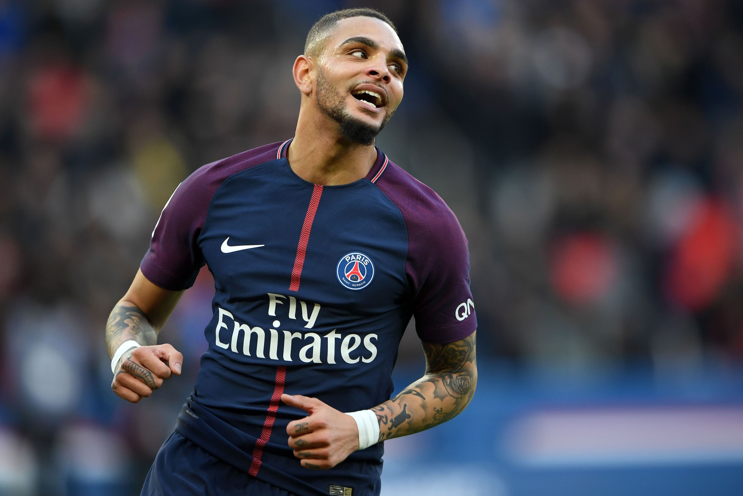 Paris Saint-Germain's French defender Layvin Kurzawa reacts during the French Ligue 1 football match between Paris Saint-Germain (PSG) and Strasbourg at The Parc des Princes in Paris on February 17, 2018.  / AFP PHOTO / CHRISTOPHE ARCHAMBAULT        (Phot