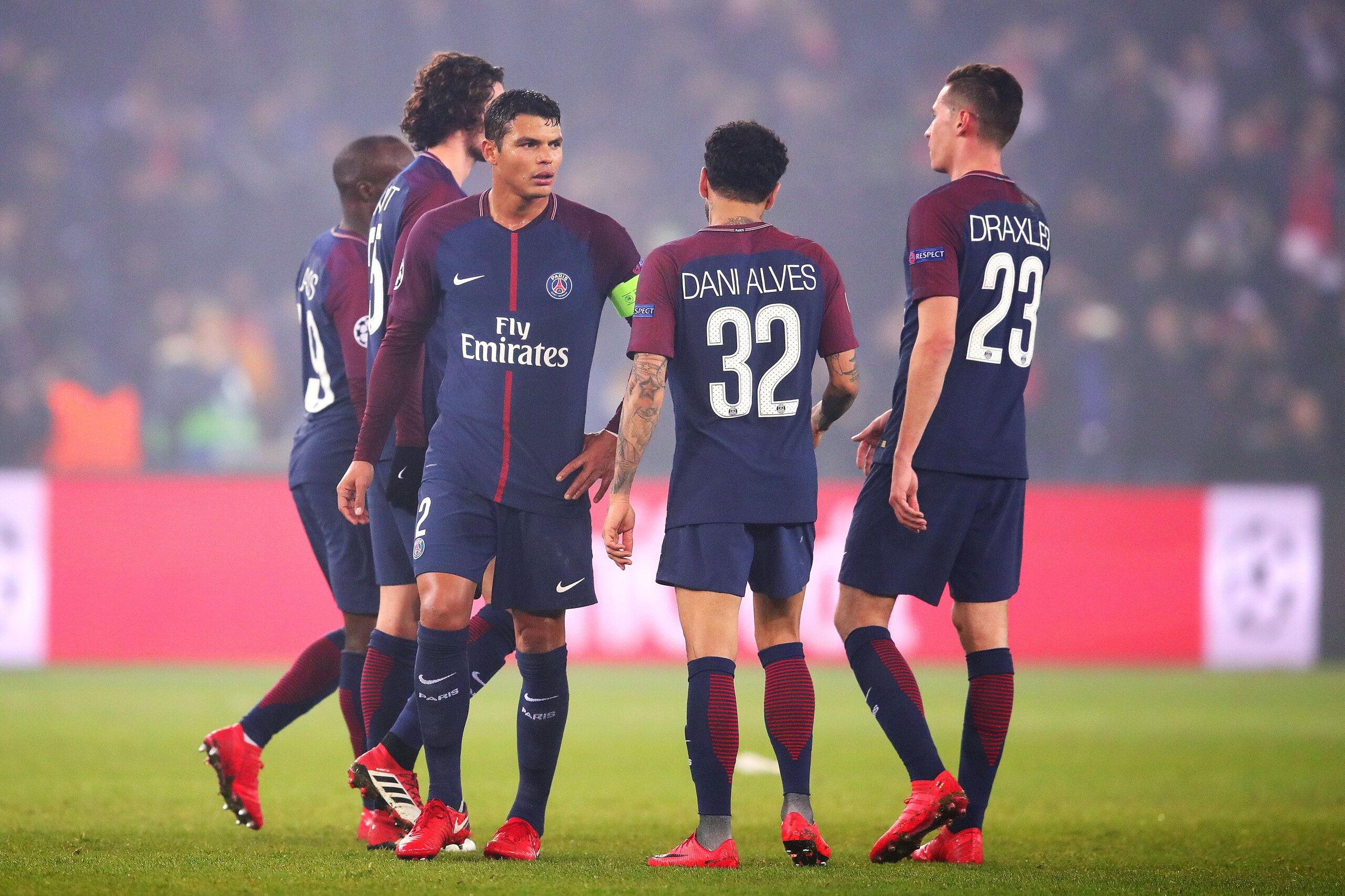 PARIS, FRANCE - MARCH 06: Thiago Silva of Paris Saint-Germain reacts after the UEFA Champions League Round of 16 Second Leg match between Paris Saint-Germain and Real Madrid at Parc des Princes on March 6, 2018 in Paris, France.  (Photo by Chris Brunskill