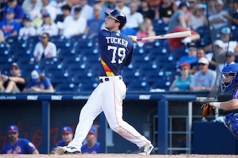 WEST PALM BEACH, FL - FEBRUARY 26: Kyle Tucker #79 of the Houston Astros hits a two-run home run in the seventh inning of a Grapefruit League spring training game against the New York Mets at The Ballpark of the Palm Beaches on February 26, 2018 in West P