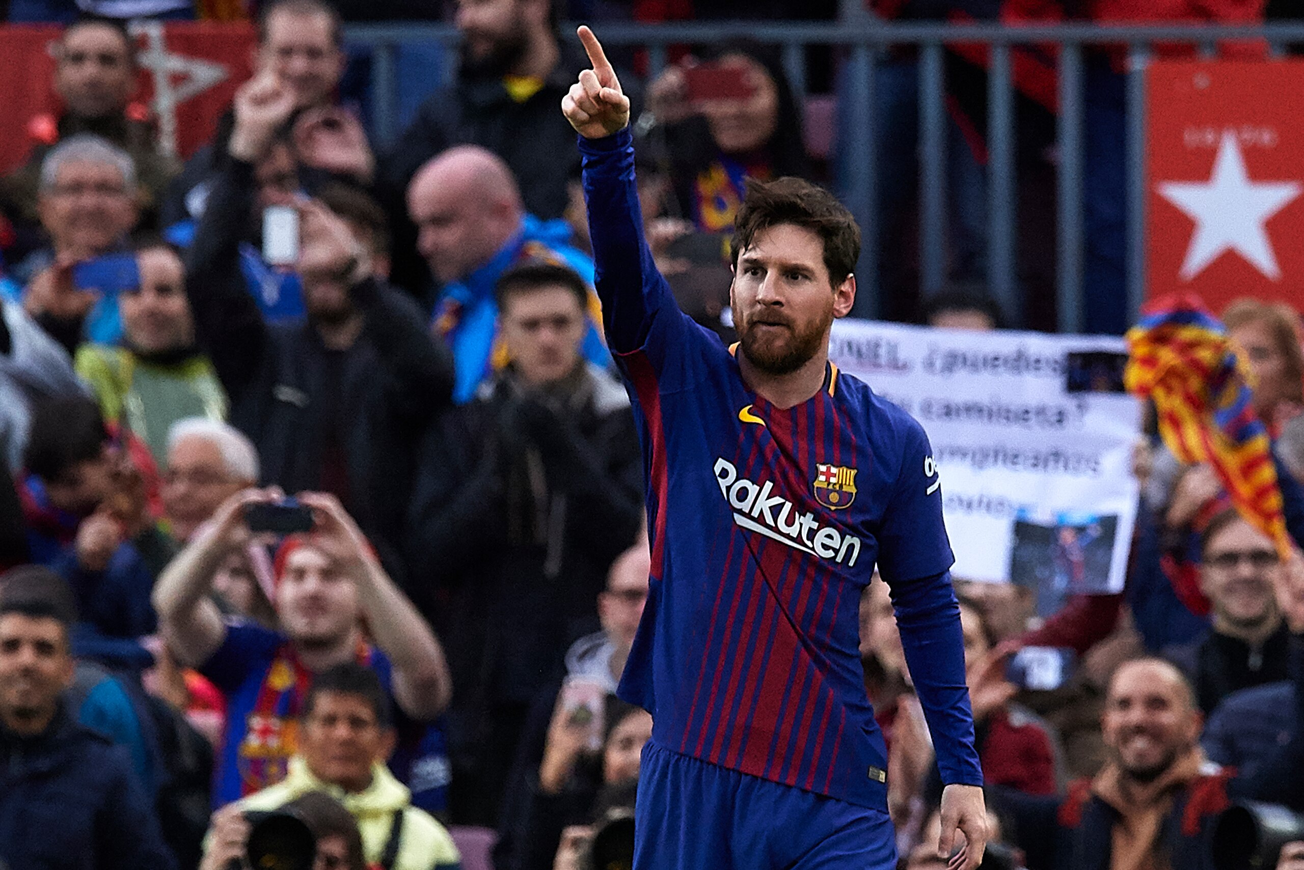 BARCELONA, SPAIN - MARCH 04:  Lionel Messi of Barcelona celebrates after scoring his sides first goal during the La Liga match between FC Barcelona and Atletico de Madrid at Camp Nou on March 4, 2018 in Barcelona, Spain.  (Photo by Quality Sport Images/Ge