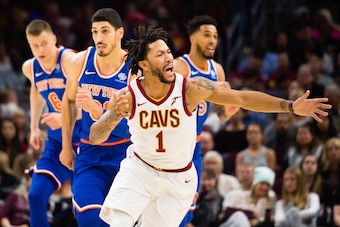 CLEVELAND, OH - OCTOBER 29: Derrick Rose #1 of the Cleveland Cavaliers reacts to being called for a foul during the first half against the New York Knicks at Quicken Loans Arena on October 29, 2017 in Cleveland, Ohio. NOTE TO USER: User expressly acknowle