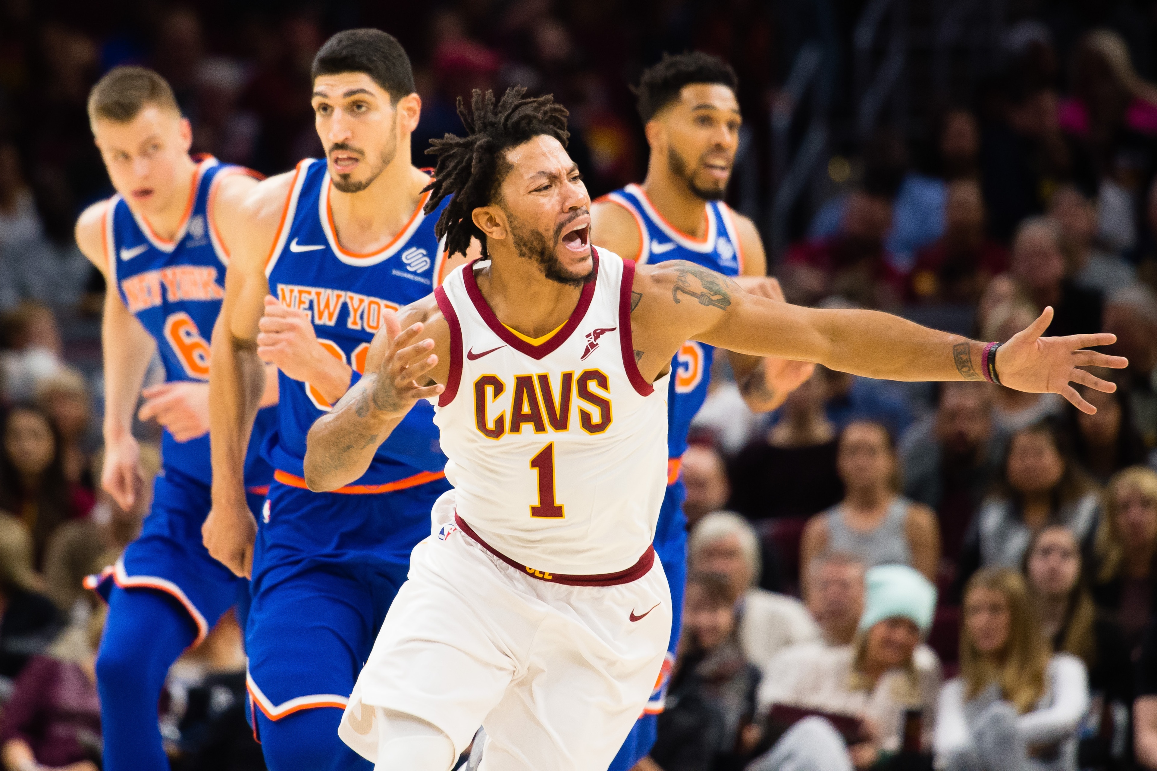 CLEVELAND, OH - OCTOBER 29: Derrick Rose #1 of the Cleveland Cavaliers reacts to being called for a foul during the first half against the New York Knicks at Quicken Loans Arena on October 29, 2017 in Cleveland, Ohio. NOTE TO USER: User expressly acknowle