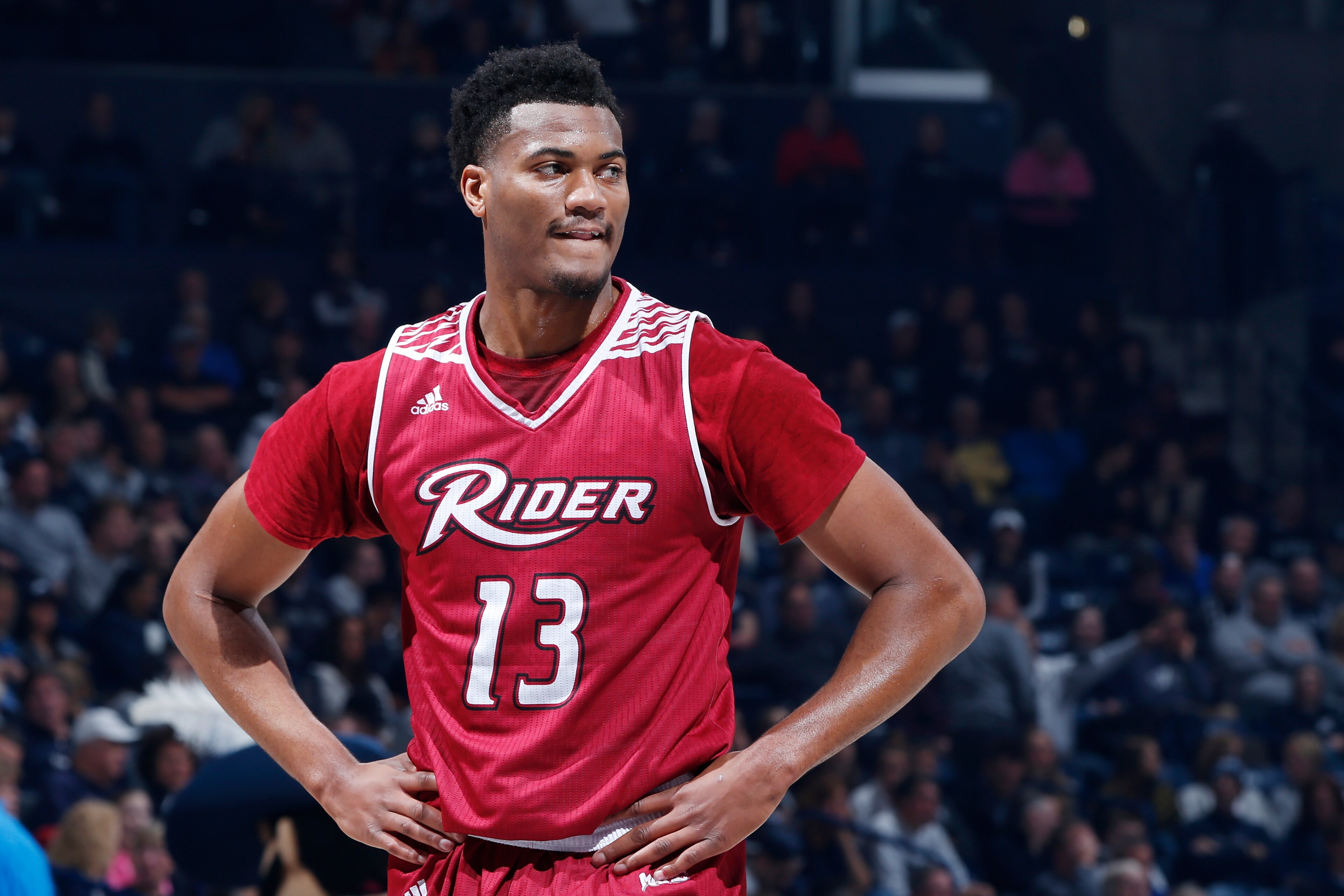 CINCINNATI, OH - NOVEMBER 13: Frederick Scott #13 of the Rider Broncs looks on during a game against the Xavier Musketeers at Cintas Center on November 13, 2017 in Cincinnati, Ohio. Xavier won 101-75. (Photo by Joe Robbins/Getty Images)