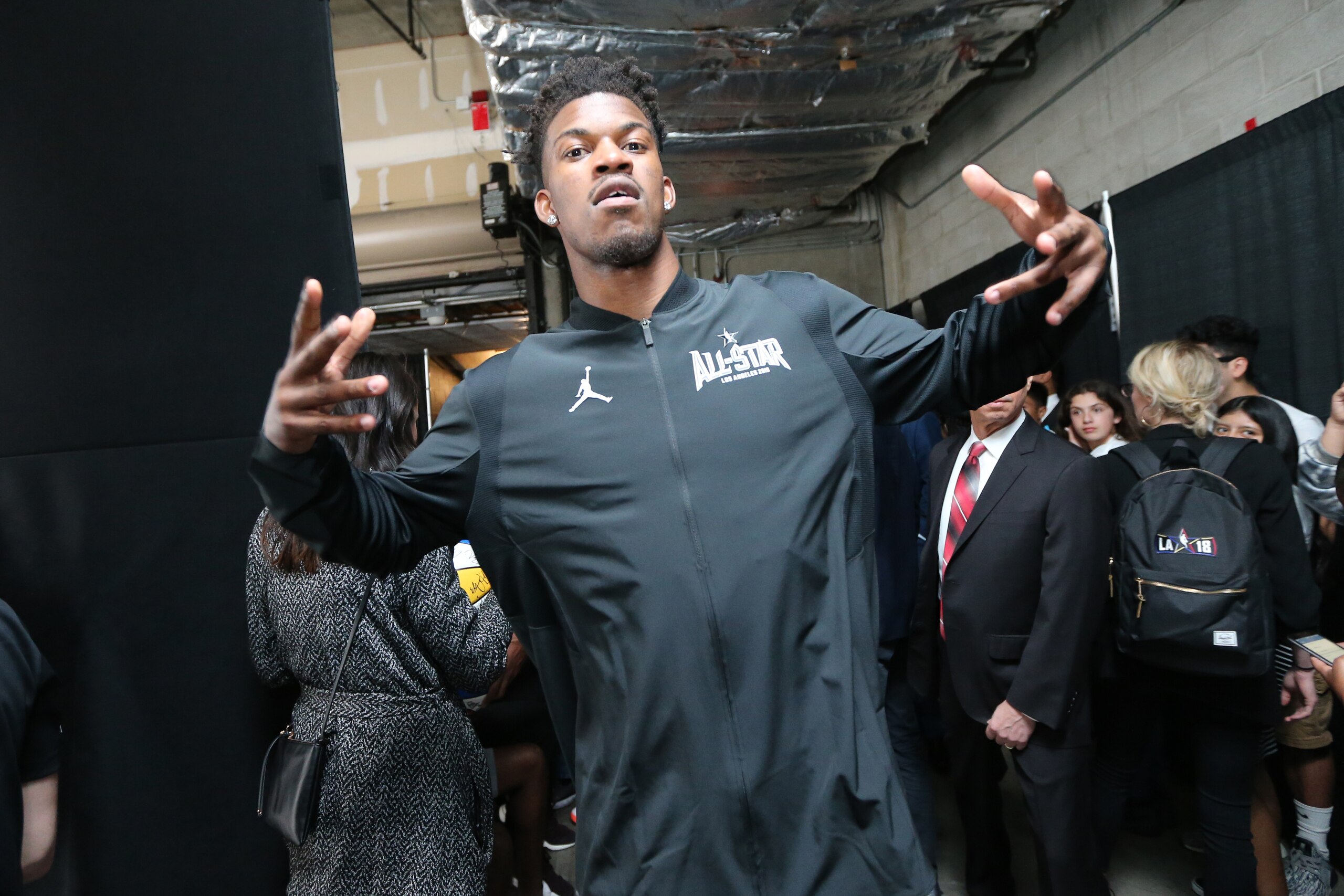 LOS ANGELES, CA - FEBRUARY 18:  Jimmy Butler #23  of Team Stephen arrives before the game against Team Lebron during the NBA All-Star Game as a part of 2018 NBA All-Star Weekend at STAPLES Center on February 18, 2018 in Los Angeles, California. NOTE TO US